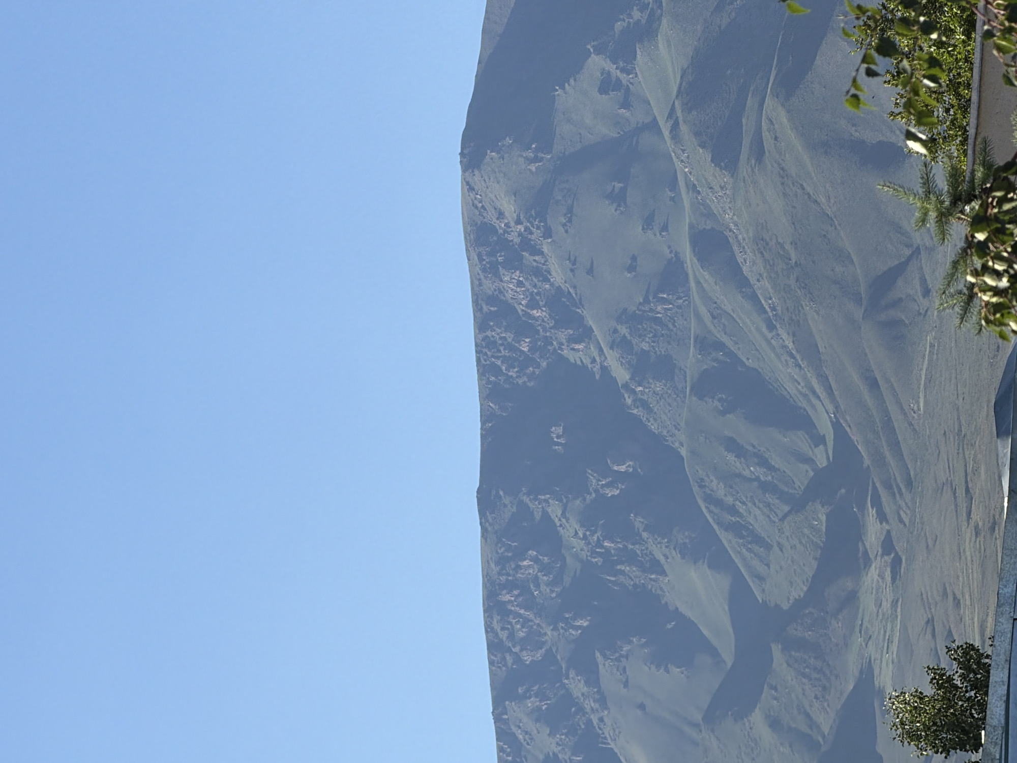 A wide shot captures a vast mountain range under a clear blue sky. The mountains are covered in lush green vegetation, with rocky outcrops and sharp ridges visible on their slopes. The terrain shows deep valleys and undulating hills, suggesting a rugged and undeveloped natural landscape. In the foreground, the top of a light-colored structure, possibly a fence or wall, is visible. To the left and right, the branches of trees with green leaves and a small pine tree extend into the frame, suggesting the viewpoint is from a location with some vegetation. The lighting indicates it is daytime, with sunlight illuminating the mountains.