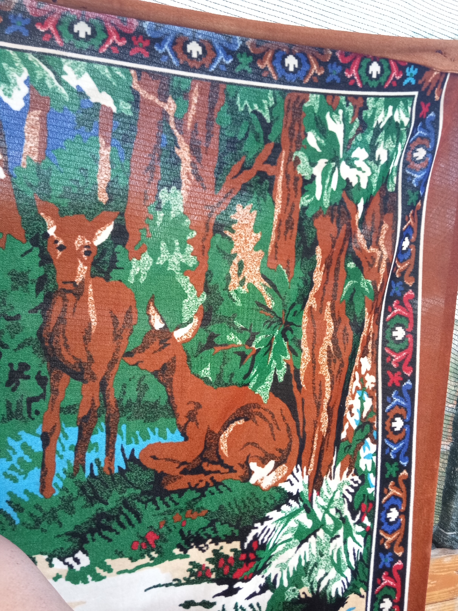 A close-up, overhead shot displays a tapestry depicting a forest scene with two deer. The left deer stands facing forward, while the right deer is lying down. The tapestry features a border with a repeating geometric pattern in blue, white, red, and black. The scene is illuminated by natural light. The tapestry is draped over a wooden surface. The location is identified as Озёрки ауылдық округі, Kazakhstan.