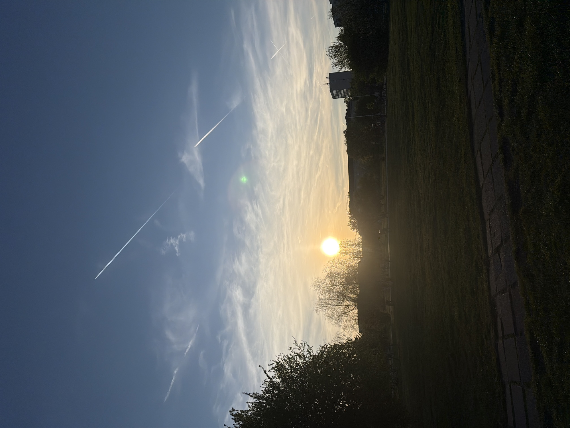 The image depicts a sunset scene in Sofia, Bulgaria. The sun is low on the horizon, creating a bright glow. Silhouetted trees and a building are visible against the bright sky. The sky is blue with wispy clouds and contrails from airplanes. There's a park or grassy area and a paved path on the right side of the image.