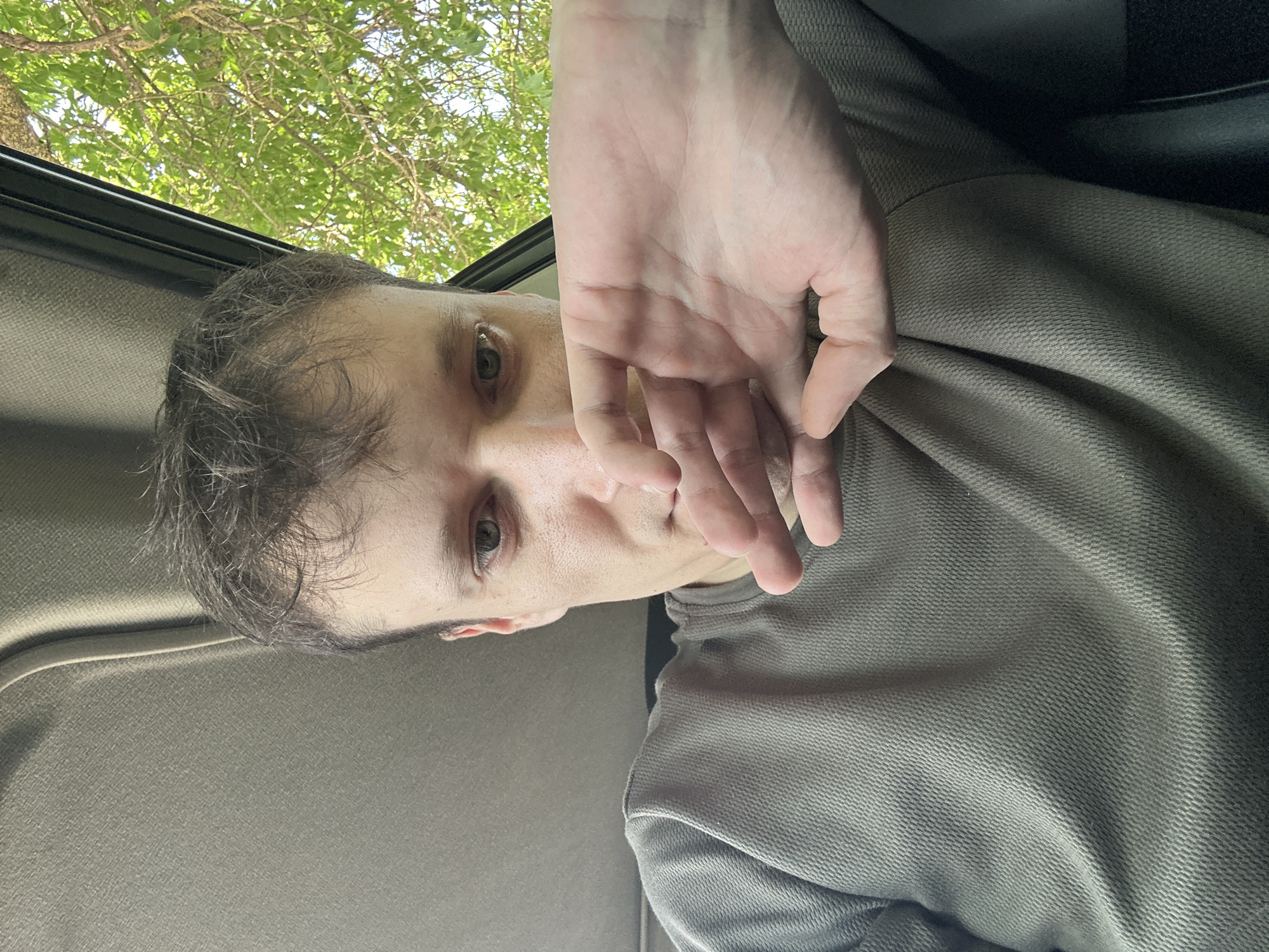 A medium shot captures a young man inside a vehicle, with his right hand covering the lower half of his face. His left eye is visible, looking towards the camera with a neutral expression. The man has brown, unkempt hair. He is wearing a textured, grey long-sleeved shirt. The background shows the grey interior of the car's ceiling and a glimpse of lush green trees and a blue sky through an open window. The image is taken from a low angle, looking up at the man.