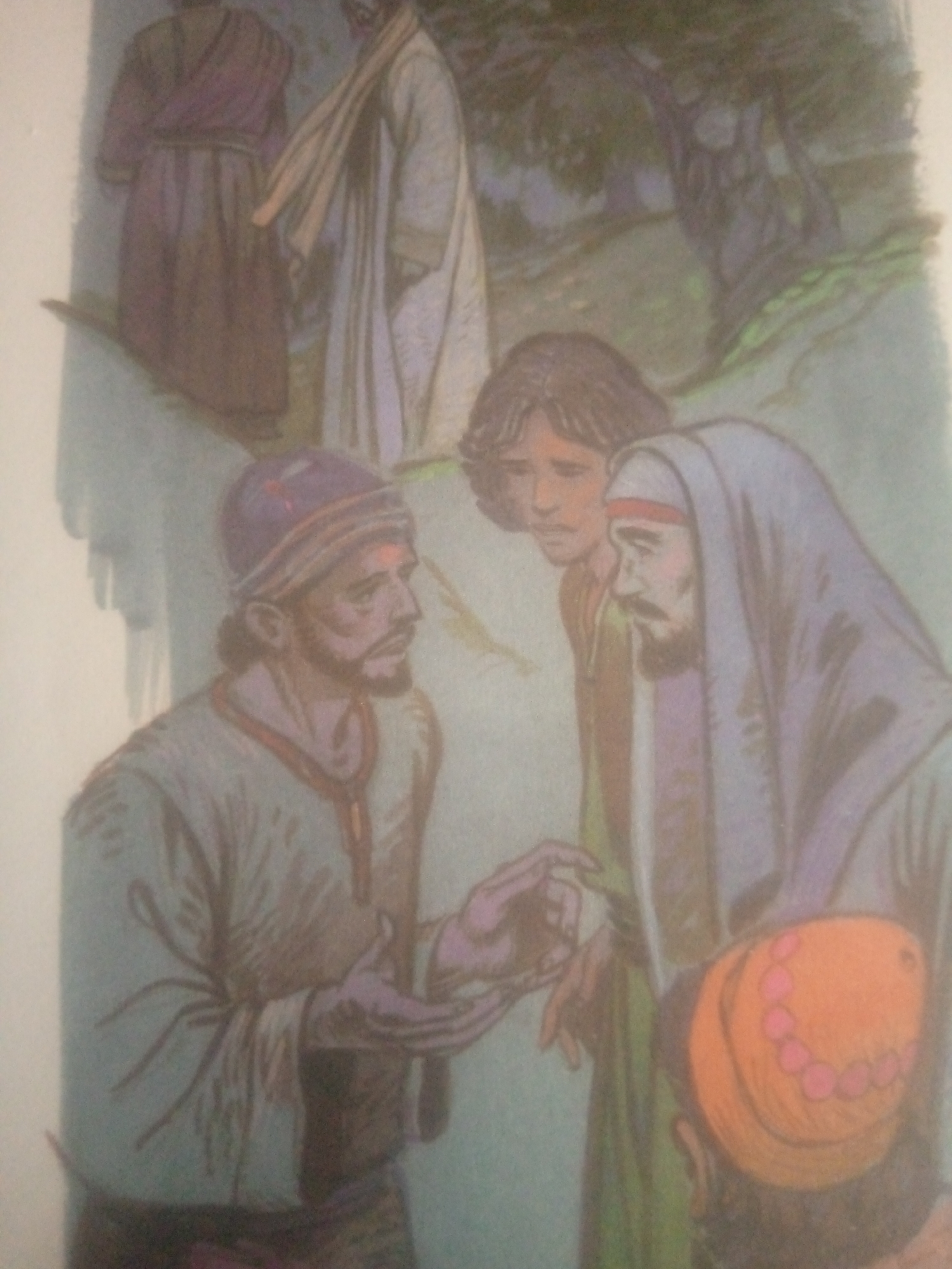 The image depicts a watercolor painting of a group of people in what appears to be an outdoor setting. In the foreground, a man wearing a purple cap and a light green robe with red trim is looking to his right. His hands are clasped together, and he is speaking or gesturing. Beside him, to his right, is another figure, partially obscured, wearing a purple head covering and a robe. Further in the background, two other figures are visible, one in a long purple robe and the other in a light-colored robe with a scarf. The background suggests a natural environment with a tree and grassy terrain. There is no indication of the location being the city of Jauro Yinu, Nigeria, nor any elements that specifically tie it to that location.