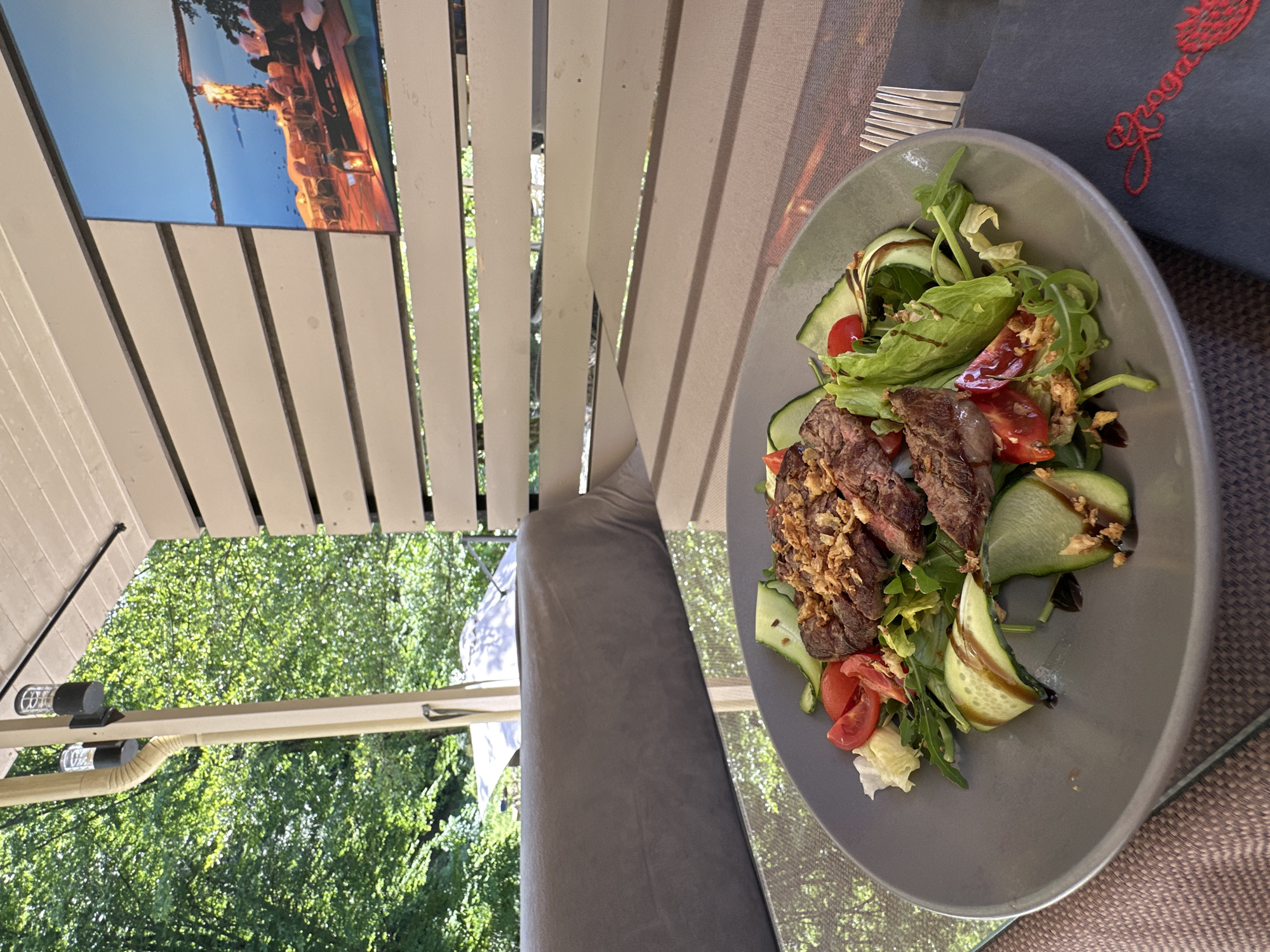 This media file captures an outdoor dining scene, likely on a patio or terrace. The primary focus is a plate of food, appearing to be a steak salad, placed on a textured placemat. The salad consists of sliced steak, mixed greens, cucumber, and tomatoes, drizzled with a dark sauce. A fork rests on the placemat to the left of the plate.
In the background, wooden slatted structures suggest a covered outdoor area or a deck. Beyond this, lush green foliage and trees indicate a natural, possibly wooded, environment. The bright sky visible above the greenery suggests it's daytime, with clear weather.
A notable detail is a framed image or artwork on the wooden slats, depicting what appears to be a European cityscape with a tower and people dining outdoors. To the right of the plate, a dark gray napkin or menu is visible, featuring red embroidered text that is partially obscured but appears to read "Groga."
The overall impression is one of a pleasant outdoor meal in a relaxed setting, possibly at a restaurant or a private home with a view of nature. The lighting suggests a sunny day. The scene is devoid of people, focusing solely on the food and the immediate surroundings.