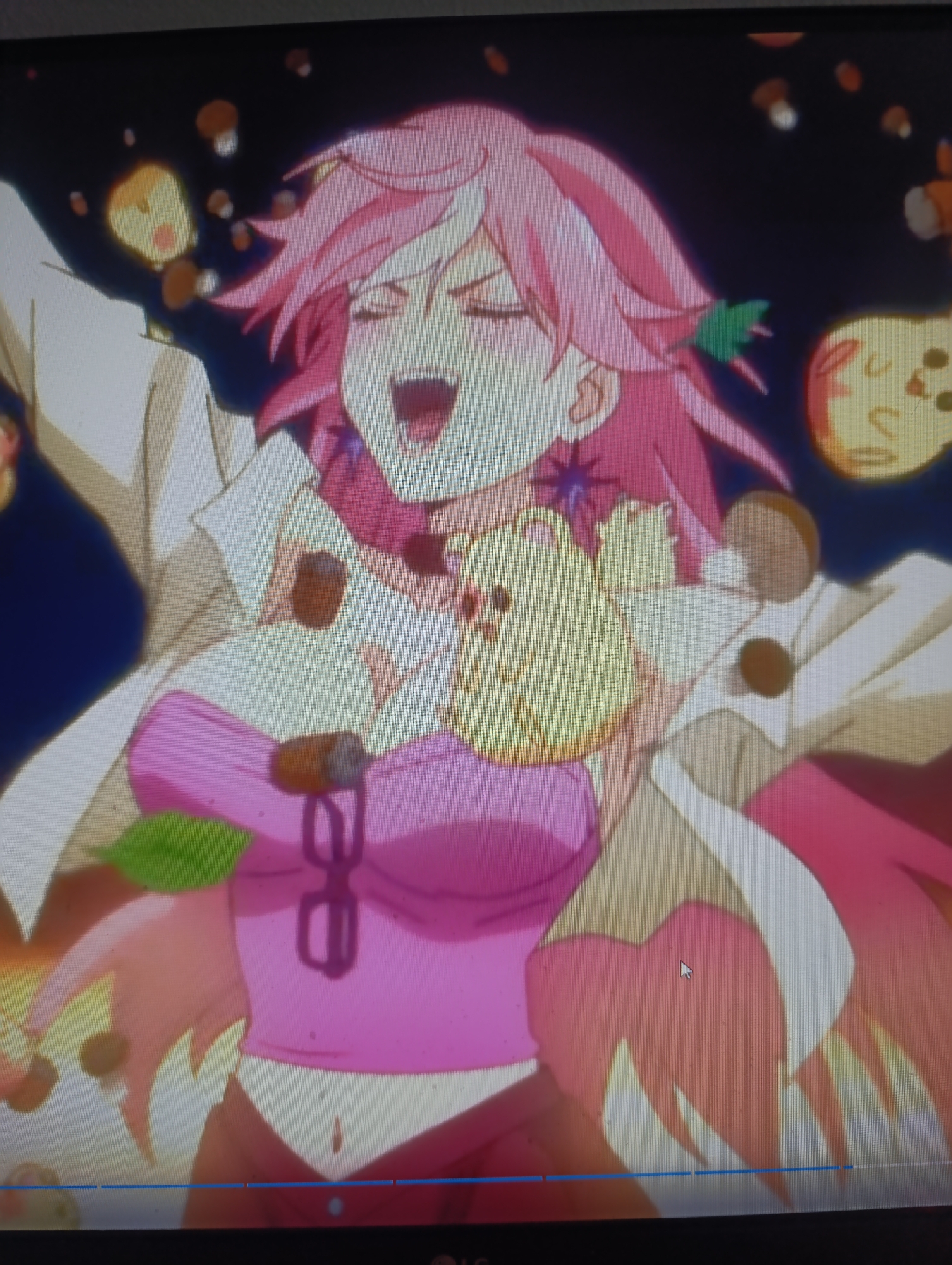 The image is a screenshot of an anime scene. A female character with long, pink hair is depicted with her mouth open in a scream or shout, her eyes closed. She is wearing a pink top and a white open coat. A small, yellow, hamster-like creature with red eyes is attached to her chest. Several small, circular objects, some appearing yellow with faces and others brown, are scattered around the character. A pair of glasses is visible below the hamster creature. The background is dark, with some glowing orange and yellow orbs. There are no visible elements in the image that suggest a specific location in the city of Abakan, Russia.