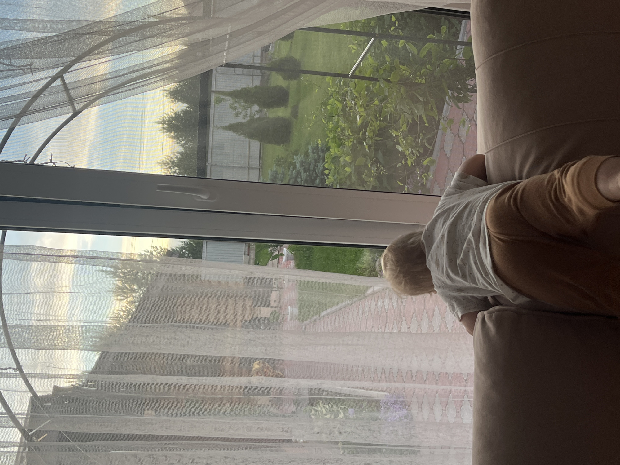 A child in a white t-shirt and brown pants is lying on a brown sofa looking out of a window with white curtains. The window overlooks a yard with green grass, trees, a fence, and a building. The scene is in Chaikovsky, Russia.