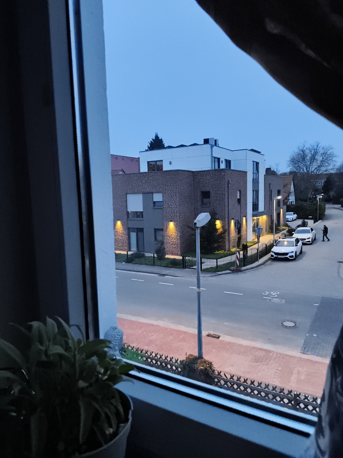 View from a window looking onto a street scene in Diepholz, Germany. A potted plant sits on the windowsill. The foreground includes a section of window frame. The street is bordered by brick sidewalks with a low fence. A street light is visible on the left side of the street. Several cars are parked along the right side of the street. A pedestrian is walking down the sidewalk on the right side of the street. Buildings are visible along both sides of the street. The sky is overcast and it appears to be twilight.