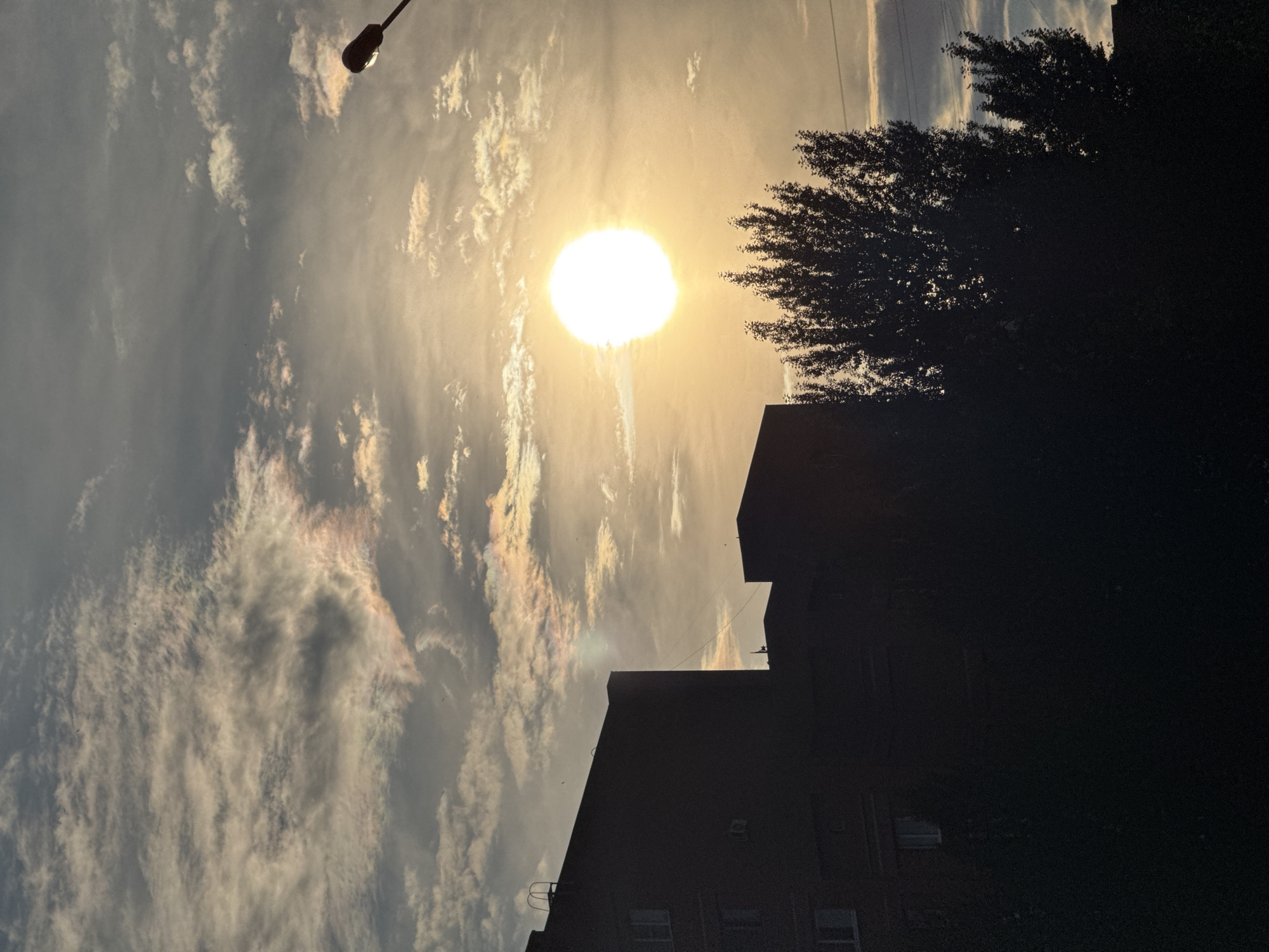 The image captures a view of a city sky at sunset. The sun, a bright, large orb, dominates the upper right quadrant of the frame, casting a warm, golden light that illuminates the scattered clouds. These clouds display a variety of colors, ranging from white and gray to subtle hues of pink and orange, suggesting the atmospheric phenomenon of iridescence. In the foreground, silhouetted against the bright sky, are the dark shapes of buildings and trees. The buildings appear to be multi-story residential structures, with windows visible as darker rectangles. A streetlamp is also visible on the far right, its light a small, bright point against the sky. The overall impression is one of a serene urban sunset, with the natural beauty of the sky juxtaposed against the man-made structures of the city.