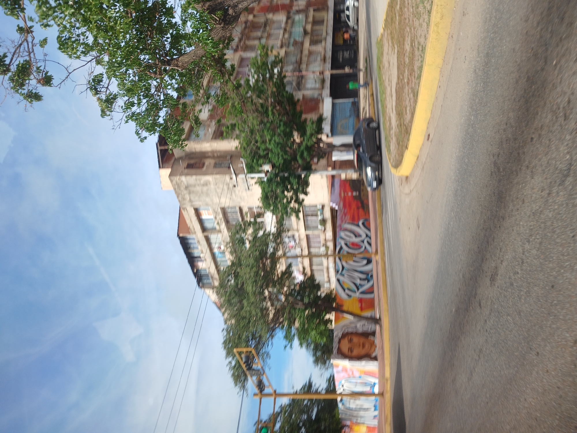 The image depicts a street scene in El Valle del Espíritu Santo, Venezuela, with a large, multi-story building as the dominant backdrop. The building appears aged, with a faded concrete facade and visible balconies. In front of the building, there is a wall adorned with colorful graffiti, including a prominent portrait of a woman's face and stylized lettering. Trees with green foliage are interspersed throughout the scene, some partially obscuring the building. A street runs through the foreground, with a yellow curb bordering a grassy area. Several cars are visible on the street, including a dark sedan in motion and another silver car parked further down. A traffic light structure with yellow poles stands on the left side of the image. The sky is partly cloudy with a light blue hue. The overall impression is of an urban environment with elements of street art and everyday activity.