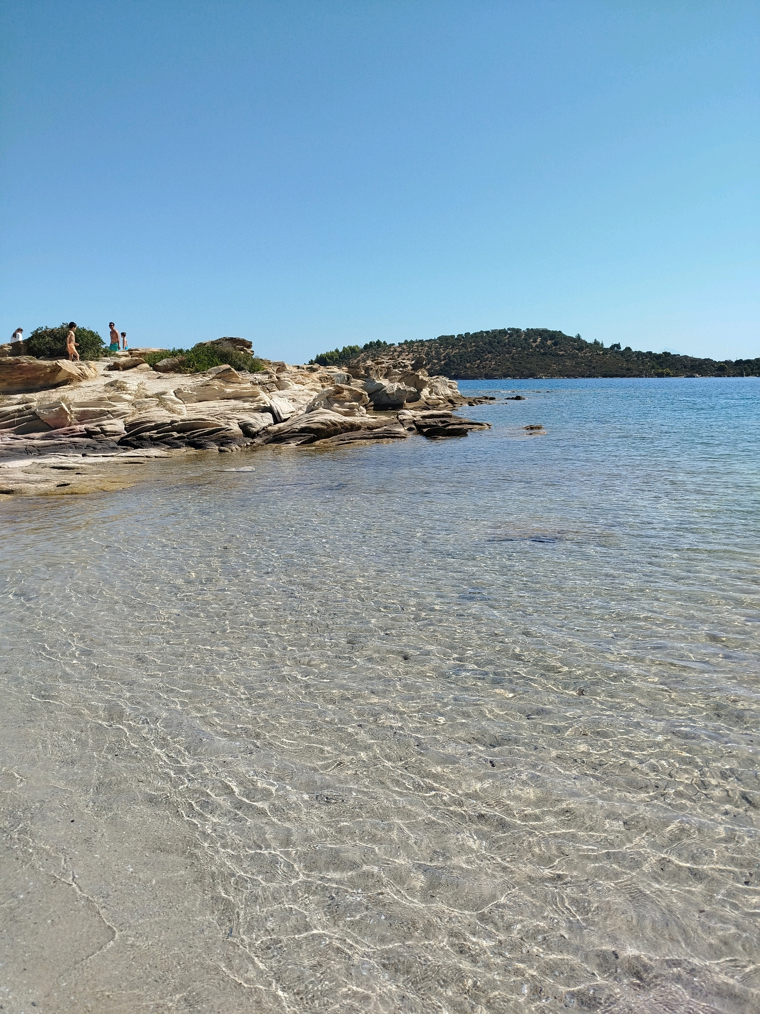 The image captures a sun-drenched coastal scene in the Sithonia Municipal Unit, Greece. The foreground is dominated by crystal-clear, shallow water, revealing a sandy bottom with subtle ripples and light patterns. To the left, a rocky, uneven shoreline is visible, with layered light-colored rocks and scattered green shrubs. Several people are present on this rocky area. Two individuals, one in orange shorts and another in blue shorts, stand near the water's edge, appearing to be engaged in conversation. Further back, a few other figures can be seen, including one near a bush. In the background, the sea extends towards a green, tree-covered hill that slopes gently towards the water. The sky above is a clear, vibrant blue, with no clouds in sight. The overall impression is one of a serene and idyllic beach setting on a bright, sunny day.
