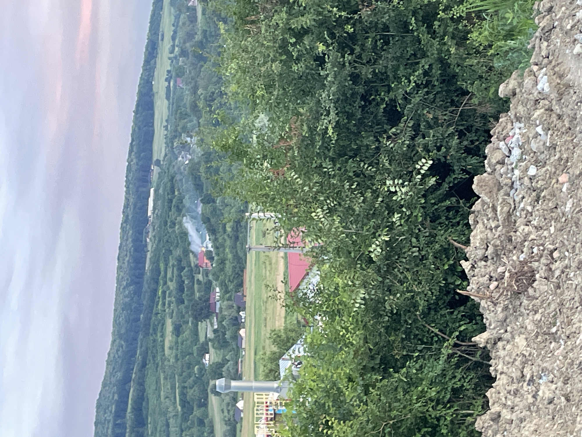 The image depicts a rural landscape in Bârnova, Romania. The scene is dominated by lush green hills covered in trees, sloping down towards a village with scattered houses. In the foreground, to the right, is a pile of rough, greyish-brown dirt and rocks, suggesting construction or land preparation. To the left, the sky is visible, with soft, diffused light indicating either dawn or dusk. The clouds have a muted pink and purple hue.
The village in the middle ground shows several rooftops, some red and others a lighter color. A thin plume of white smoke is rising from one of the houses, hinting at domestic activity like cooking or heating. Several structures that appear to be industrial or agricultural, including a large silver chimney or silo, are also visible in the village.
The overall impression is one of a peaceful, pastoral setting, possibly during late afternoon or early morning. The abundance of greenery and the distant village suggest a rural area away from urban centers. There are no visible people, and the focus is on the natural and built environment. The image is oriented vertically, with the sky at the top left and the land sloping downwards to the right. The weather appears calm and overcast, contributing to the soft lighting.