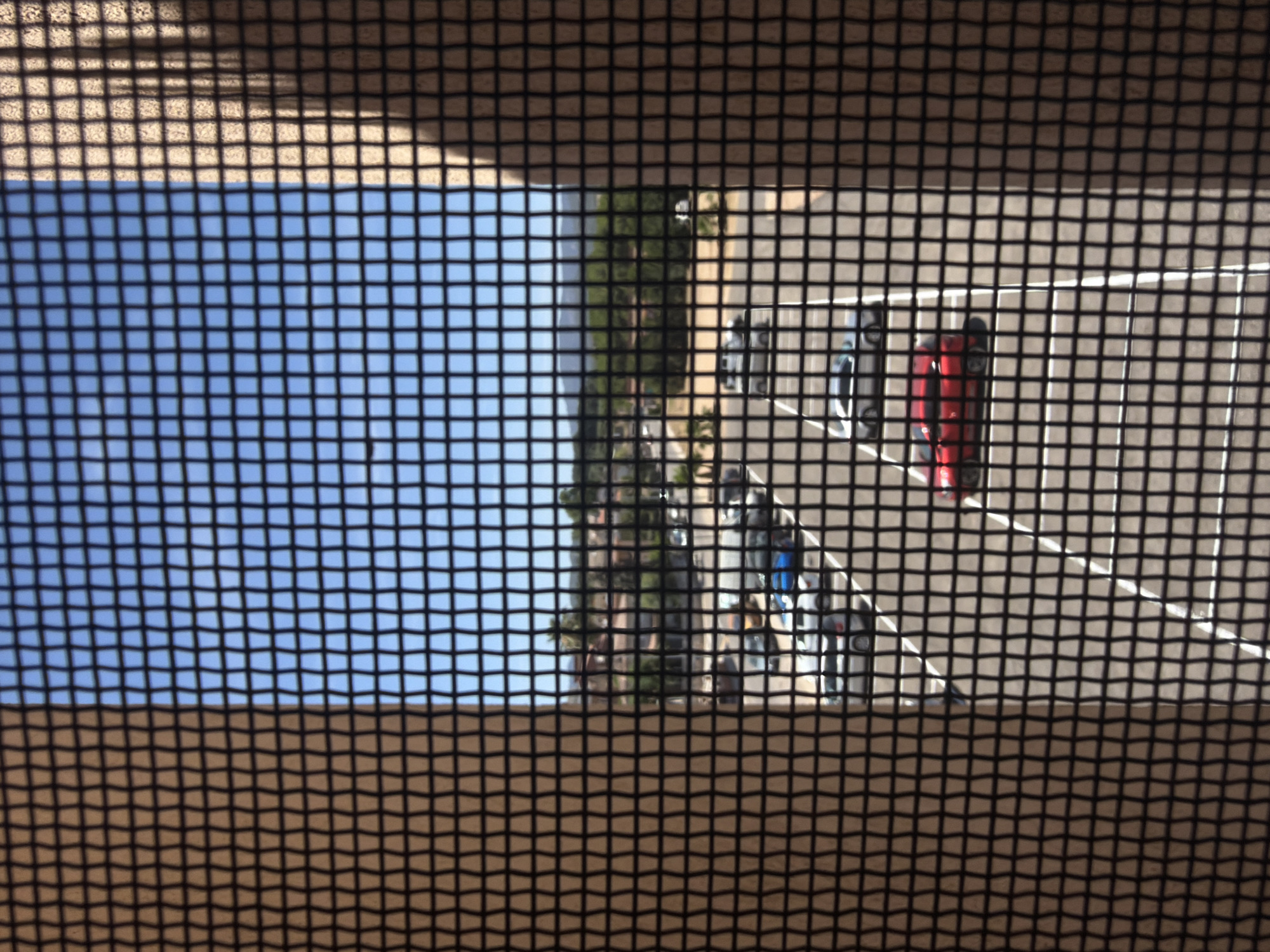 The image shows a view through a screen onto a parking lot with several cars. A red car is parked in the middle of the frame. Other cars, some white and some blue, are also visible in the parking lot, which appears to be paved with asphalt and has white lines marking parking spaces. In the background, there are some buildings with red tile roofs, palm trees, and green vegetation, suggesting a warm climate. Beyond the buildings and trees, a mountain range is visible under a clear blue sky. The screen in the foreground creates a grid-like pattern that overlays the entire scene. The overall impression is of an outdoor urban or suburban environment.