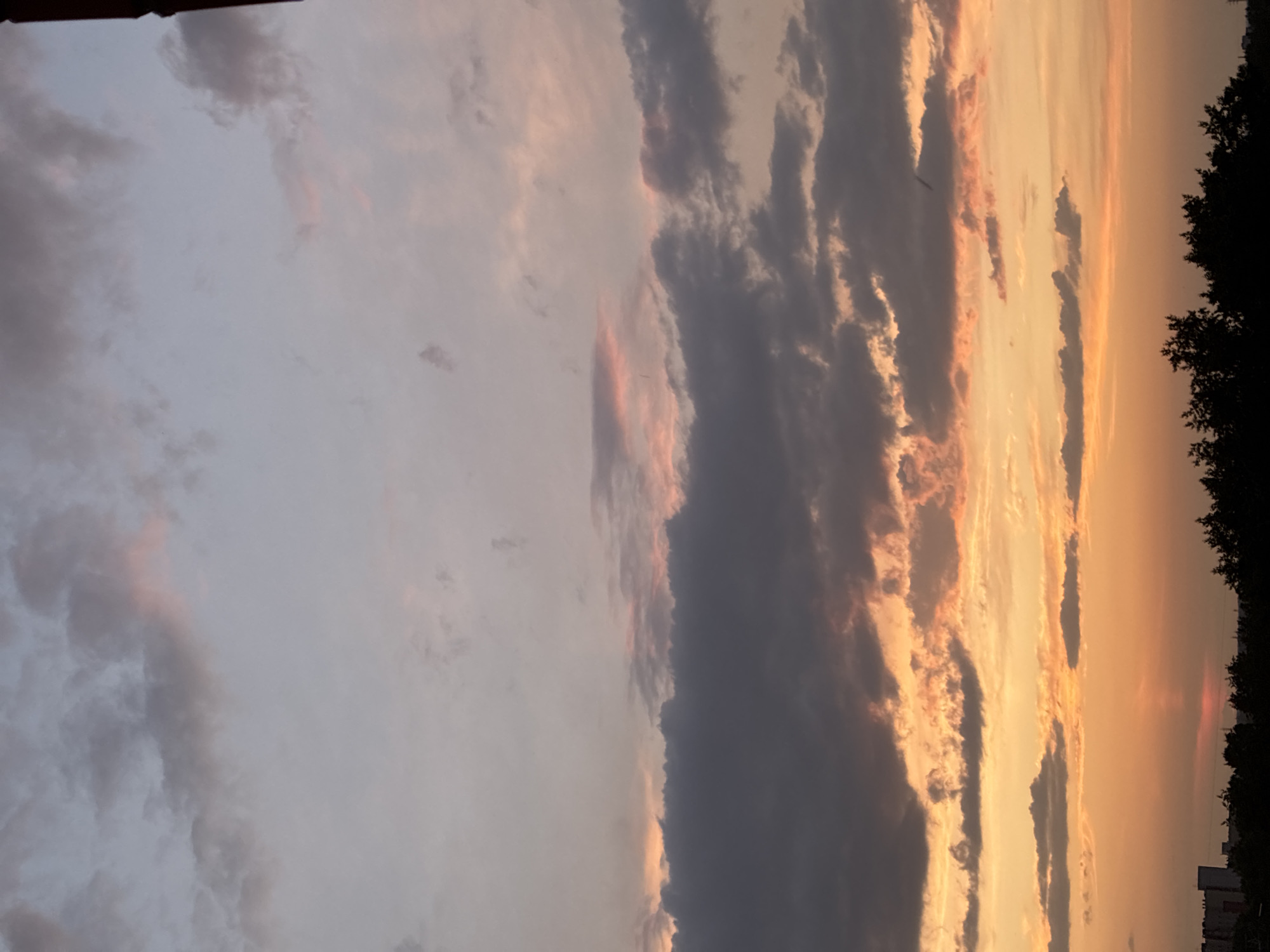 A wide-angle shot captures a dramatic sunset sky above a silhouetted treeline and distant cityscape. The sky is filled with a gradient of colors, transitioning from a pale lilac at the top to vibrant orange and yellow hues near the horizon. Dark, heavy clouds are interspersed with lighter, wispy formations, some tinged with pink from the setting sun. The horizon is marked by a dark band of trees, with the faint outlines of buildings visible on the far left. The overall scene evokes a sense of calm and natural beauty at the end of the day.