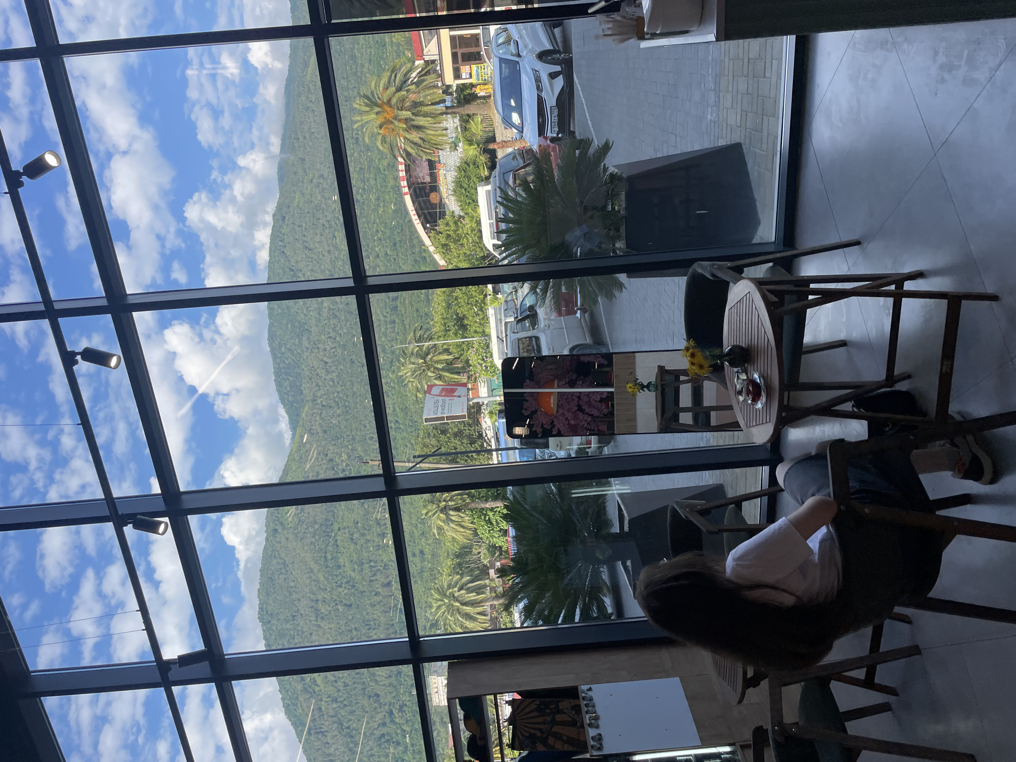 The image shows the interior of a cafe in Gagra, Abkhazia, with a large glass window offering a view of the exterior. Inside, a woman with long dark hair is seated in a chair, facing away from the camera. She is wearing a white t-shirt and dark shorts. A small wooden table is in front of her, with a teacup and a vase containing yellow flowers. The cafe appears to have minimalist decor, with other tables and chairs visible.
Outside the window, a paved area is visible, with several parked cars including a white SUV and a white minivan. Palm trees and lush green mountains are in the background. A sign with Cyrillic lettering is visible on the right side of the frame. The sky is blue with scattered white clouds. The overall impression is a relaxed cafe setting with a scenic view.