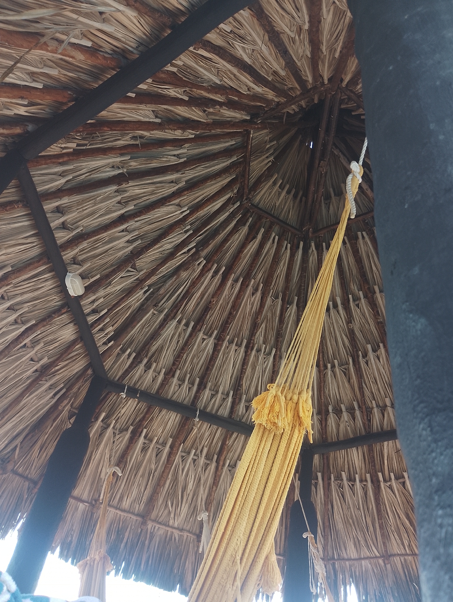 The image displays an upward view into the interior of a circular or octagonal thatched roof structure. Dark, thick wooden beams radiate from a central apex, forming the primary support structure. Thinner, lighter wooden or bamboo strips are interwoven horizontally among the beams, securing layers of dried, light brown and tan plant material, which forms the thatch. A bright yellow woven hammock is suspended from the roof structure by a white rope, visible in the upper right quadrant and extending downwards towards the center. The hammock exhibits woven fabric and tasseled ends. On the right side of the frame, a large, dark, vertical post or column partially obscures the view of the roof. A small, white, rectangular plastic object, possibly a light fixture or junction box, is affixed to one of the dark radial beams on the left side of the roof. Natural light illuminates the scene, with a brighter area visible at the bottom, suggesting an open exterior. No individuals are present.