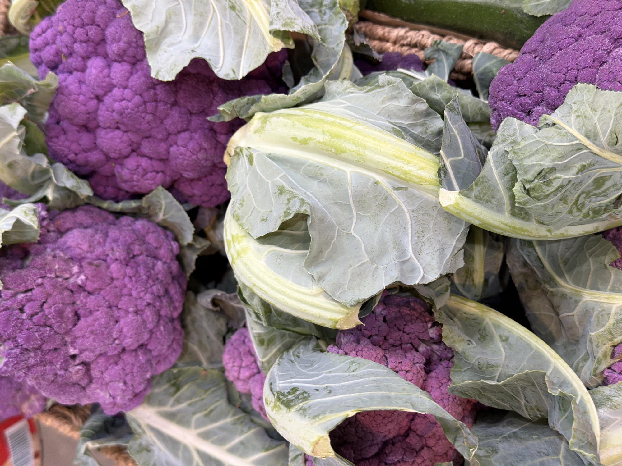 The image shows a close-up of purple cauliflower heads with their surrounding green leaves, possibly in a grocery store or market. The cauliflowers are tightly packed together. The location is Kefar HaNagid, Israel.