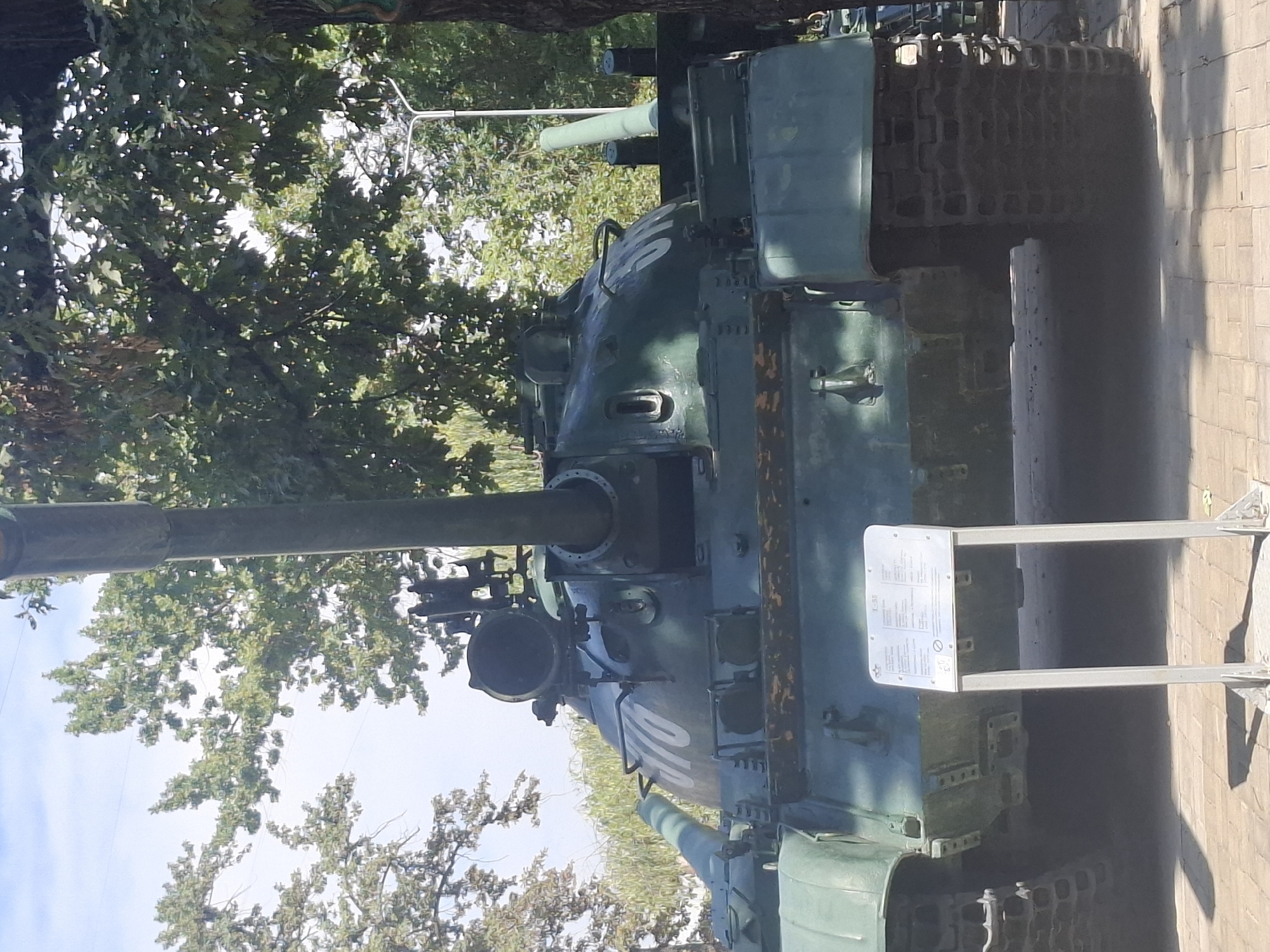 A frontal view of a green tank with the number "010" painted in white on its turret is displayed outdoors on a paved surface. The tank is positioned in front of trees with green foliage and a bright sky. A signpost with text and a diagram is located in front of the tank. The scene appears to be in a museum or park setting.