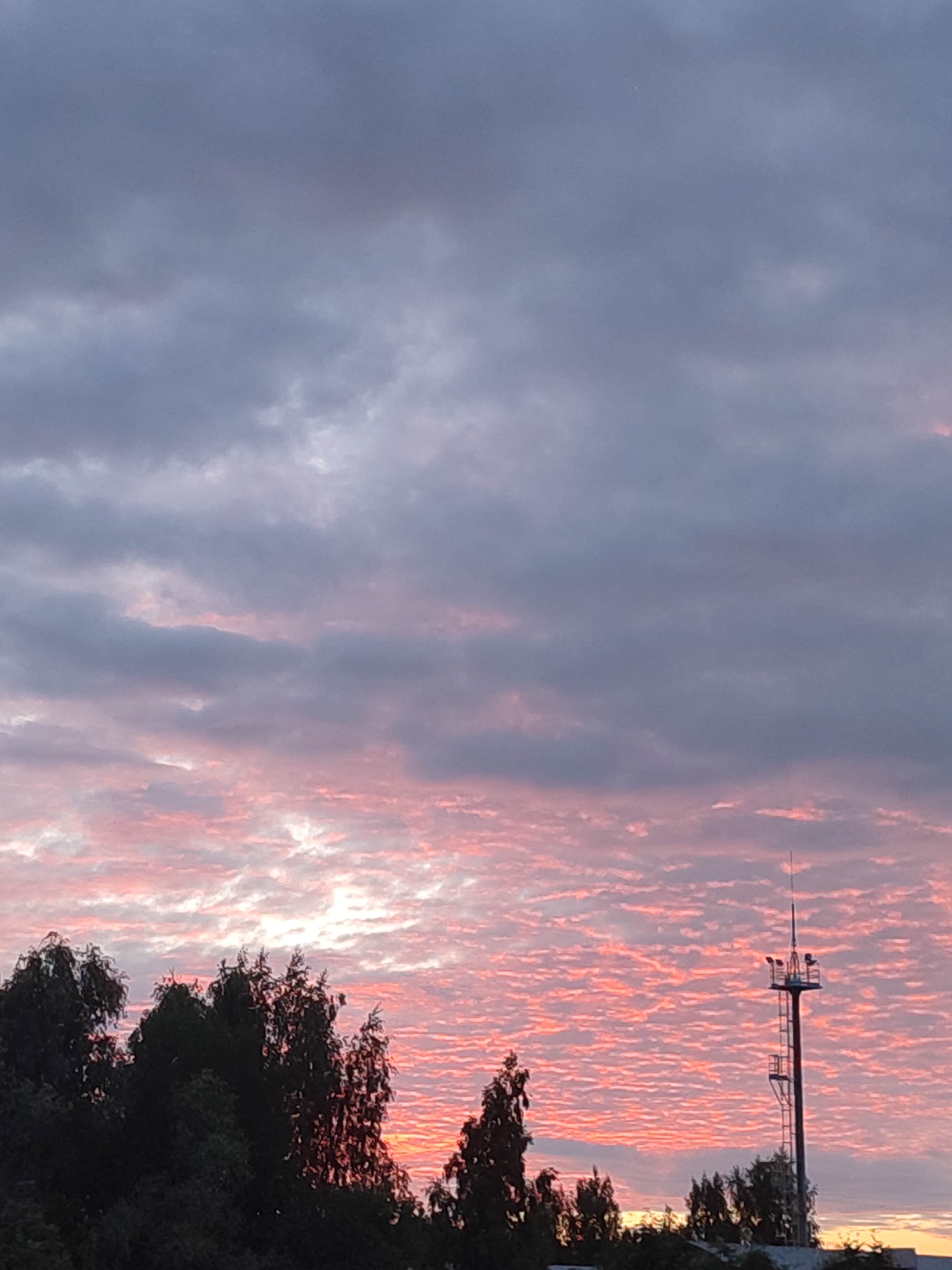 The image captures a serene sunset over a landscape. A tall, slender radio tower with a ladder and lights stands prominently on the right side of the frame. In the foreground, the dark silhouettes of trees create a natural boundary. The sky is a canvas of dramatic clouds, tinged with hues of pink and orange from the setting sun, contrasting with the grayer tones of the upper atmosphere. The location is described as Unknown, Unknown.
