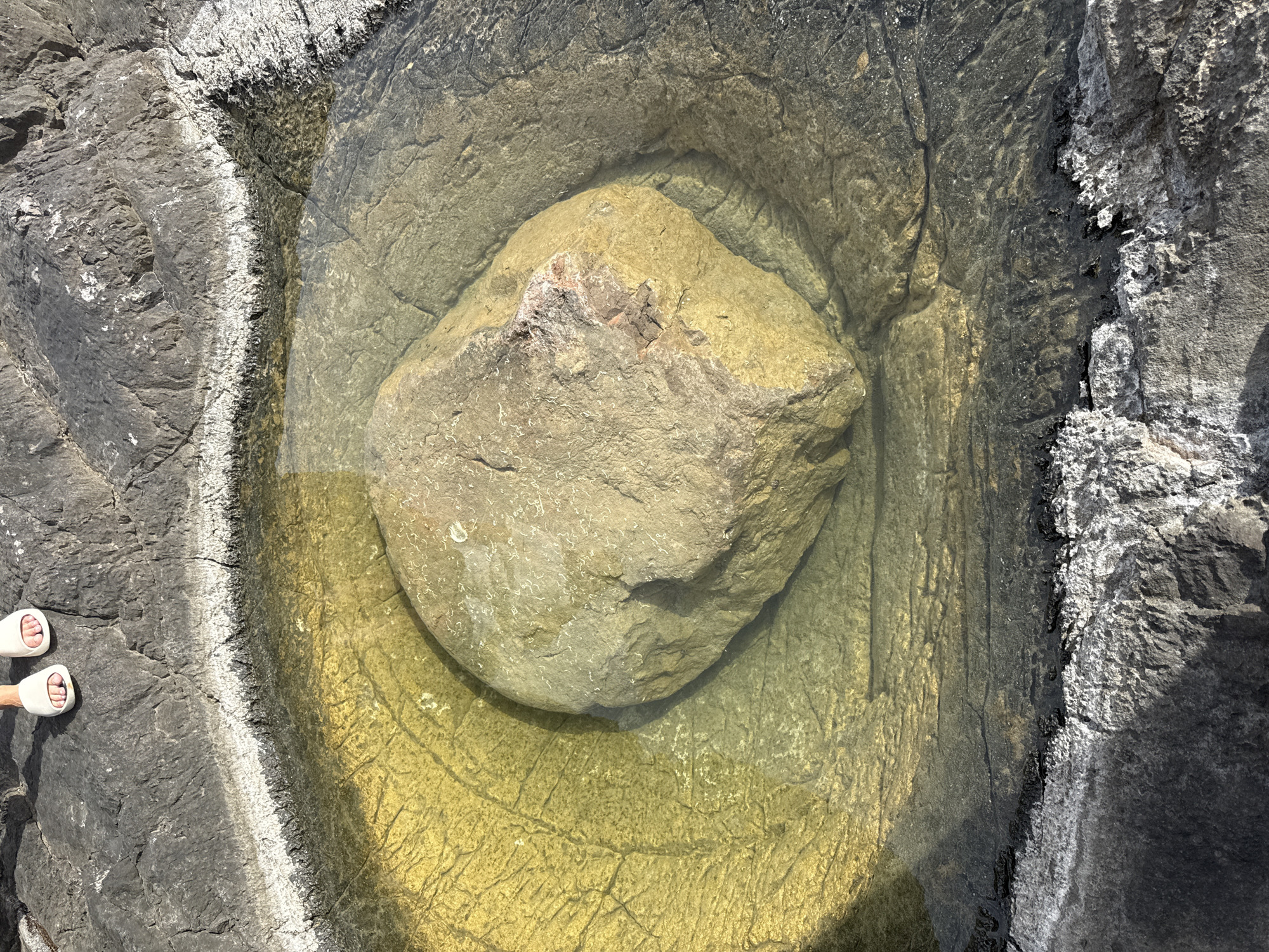 The image shows a rock formation in Seoca, Montenegro. A central, light brown rock is submerged in a shallow pool of water. The pool is surrounded by darker grey rocks. In the bottom left corner, a pair of feet wearing white sandals are partially visible. The surrounding rocks show textures of erosion and weathering.