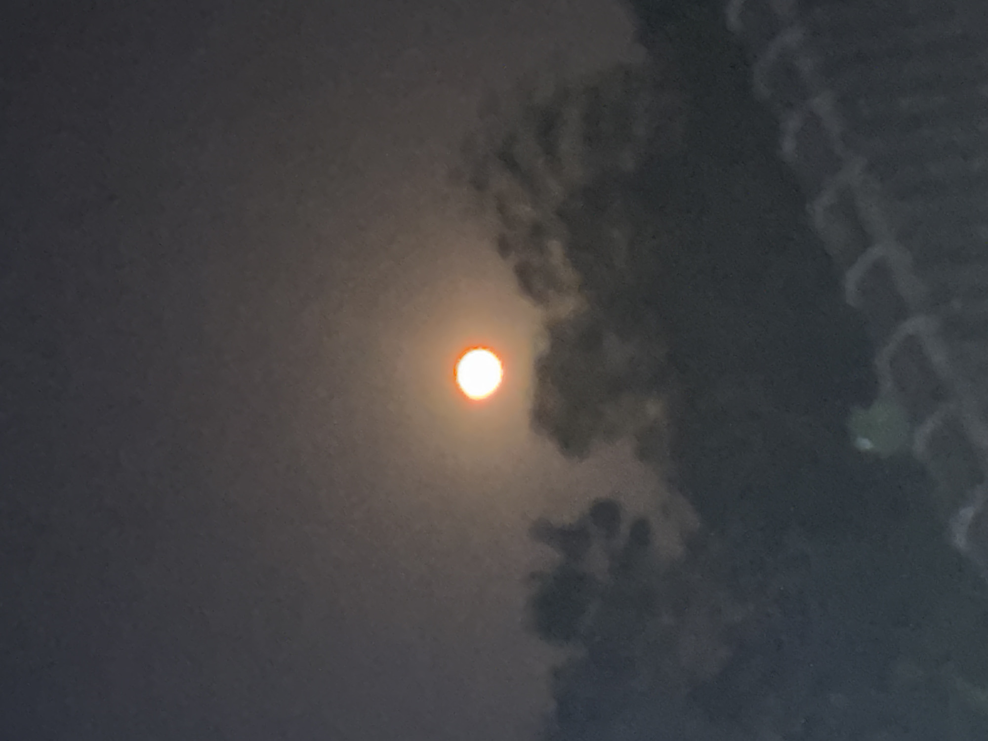 The image shows a full moon against a dark, hazy sky, likely taken at night. The moon is a bright, orange-red orb at the center of the frame, slightly diffused by the atmosphere. Below the moon, silhouetted dark masses suggest trees or foliage. In the foreground, there is a blurry, patterned object that appears to be a fence or railing. The overall impression is of a nocturnal scene with limited visibility, possibly a residential or natural area in Tirtomoyo, Indonesia.