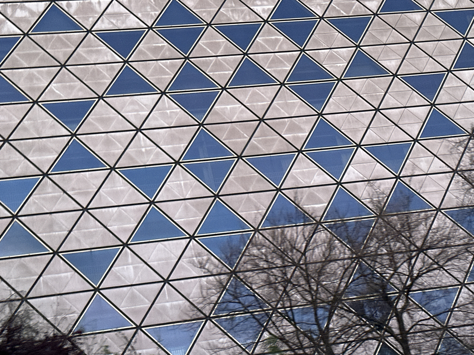 The image shows a portion of the façade of the Novotel Paris Est hotel in Bagnolet, France. The façade is composed of numerous triangular glass panels arranged in a geometric pattern, some panels reflecting blue sky, while others reflect a pale light. The tree branches are bare, suggesting a winter season. The overall composition is architectural and geometric.