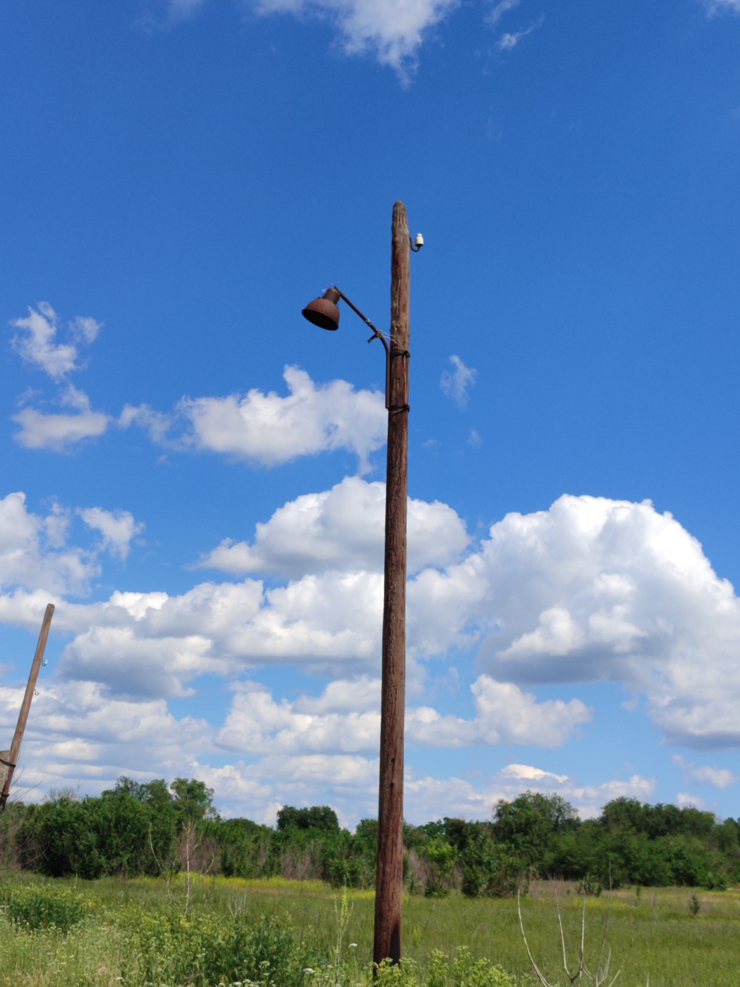 An outdoor, eye-level, vertical, medium shot captures a weathered wooden pole with a rusted lamp fixture against a bright blue sky with scattered white clouds. The pole, positioned slightly off-center to the right, is tall and appears to be an old utility pole. It has a vintage, bell-shaped lamp attached at its top. A small, white, ceramic insulator is visible halfway up the pole. The background transitions from the sky to a lush green field with various wildflowers and tall grasses in the foreground, leading to a dense line of trees and foliage in the distance. Another, less defined wooden pole is partially visible on the far left of the frame. The scene is set in a rural or semi-rural environment, with no people or animals present. The lighting suggests it is daytime, with the sun illuminating the scene from an unseen angle. The overall impression is one of abandonment or a rustic, natural setting.