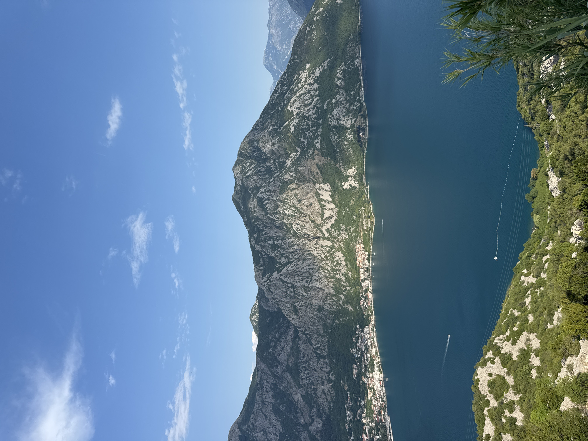 An aerial, high-angle shot captures a wide expanse of the Bay of Kotor, Montenegro, with the town of Štrp visible along the shoreline. The deep blue water of the bay dominates the lower two-thirds of the image. A scattering of small white boats, appearing as dots on the water, are visible. The town of Štrp, a densely packed collection of white buildings with red roofs, hugs the curved coastline. Behind the town, a formidable mountain range rises steeply, its rocky slopes dotted with green vegetation. The peaks of the mountains are sharp and rugged, with some lighter-colored rock formations exposed. The sky above is a clear, bright blue with a few wispy white clouds. The foreground consists of a steep, rocky hillside covered in sparse green bushes and trees, with some dry, light-colored rocks interspersed. The overall impression is of a dramatic coastal landscape under a sunny sky.