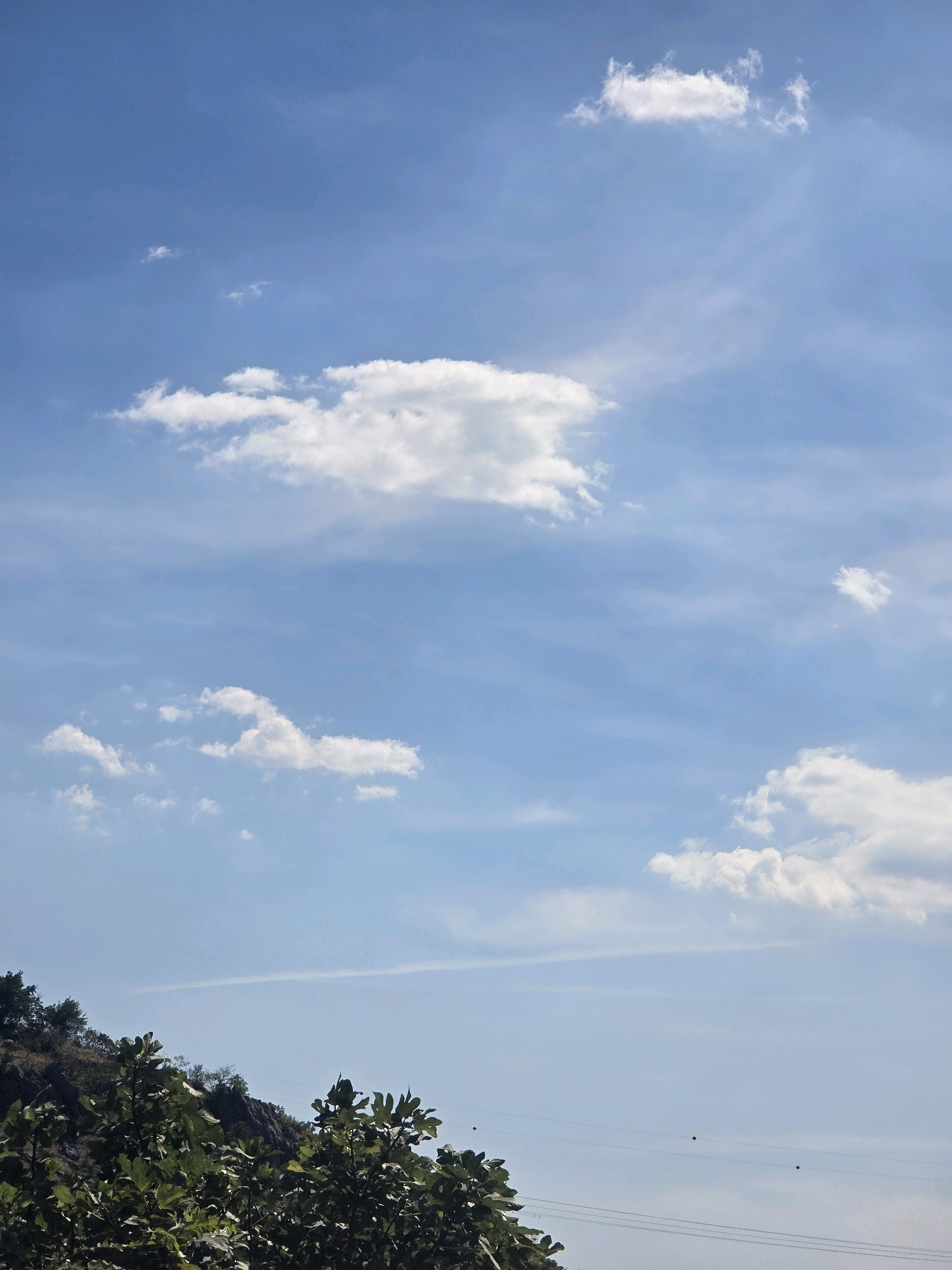 The image depicts a bright, clear sky with scattered white cumulus clouds, set against a backdrop of blue. In the foreground, the tops of lush green trees and a rocky, wooded hillside are visible. The landscape suggests an outdoor setting, likely in a natural or semi-natural environment. A faint horizon line is present, suggesting a view towards a distant expanse, possibly water or a plain. There are no people or animals present in the frame. The overall impression is one of a serene, sunlit day. The location is the city of Podgorica, Montenegro.