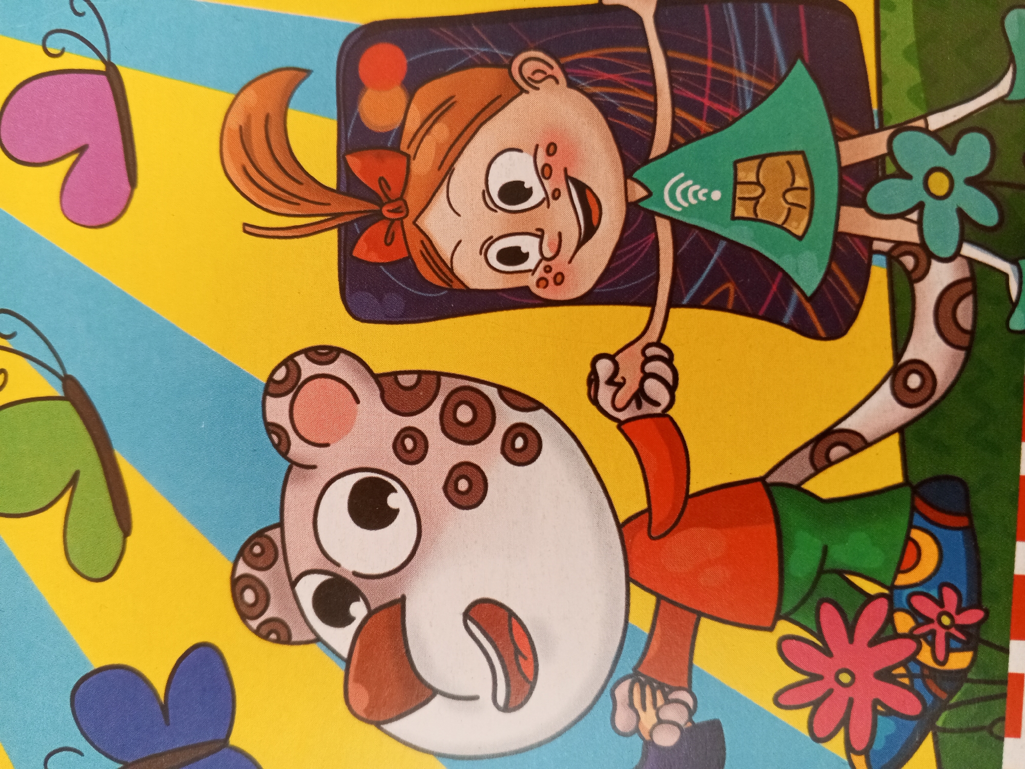 The image is a colorful, cartoon-style illustration featuring a girl and a bear-like creature against a yellow and blue striped background. The girl has red hair tied in a ponytail with a red bow, a green dress with a chip graphic, and is lying down. The bear-like creature has a white face with brown spots, large eyes, and an open mouth. It is wearing an orange shirt and green pants. There are also stylized butterflies and flowers depicted. The image is a flat illustration and does not depict any real-world scene or location. Therefore, it is not possible to provide details about its location in Chistopol, Russia.