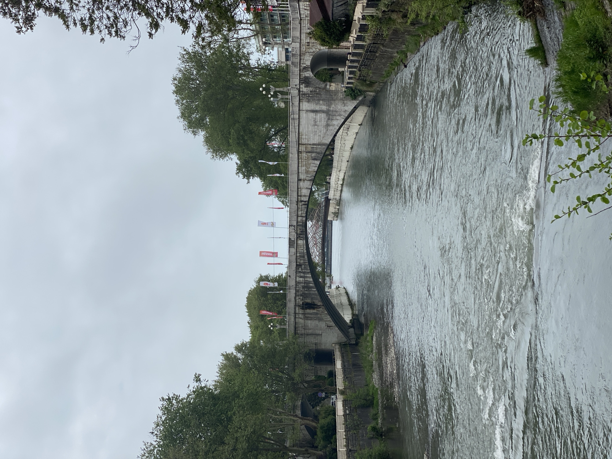 The image depicts a river scene in Sochi, Russia, featuring two bridges: a stone arch bridge adorned with red and white flags and a modern pedestrian bridge with a metal arch. The river is flowing rapidly, suggesting a strong current or recent rainfall. Dense trees and vegetation line the riverbanks. The sky is overcast, contributing to a muted color palette. No people are visible in the scene.