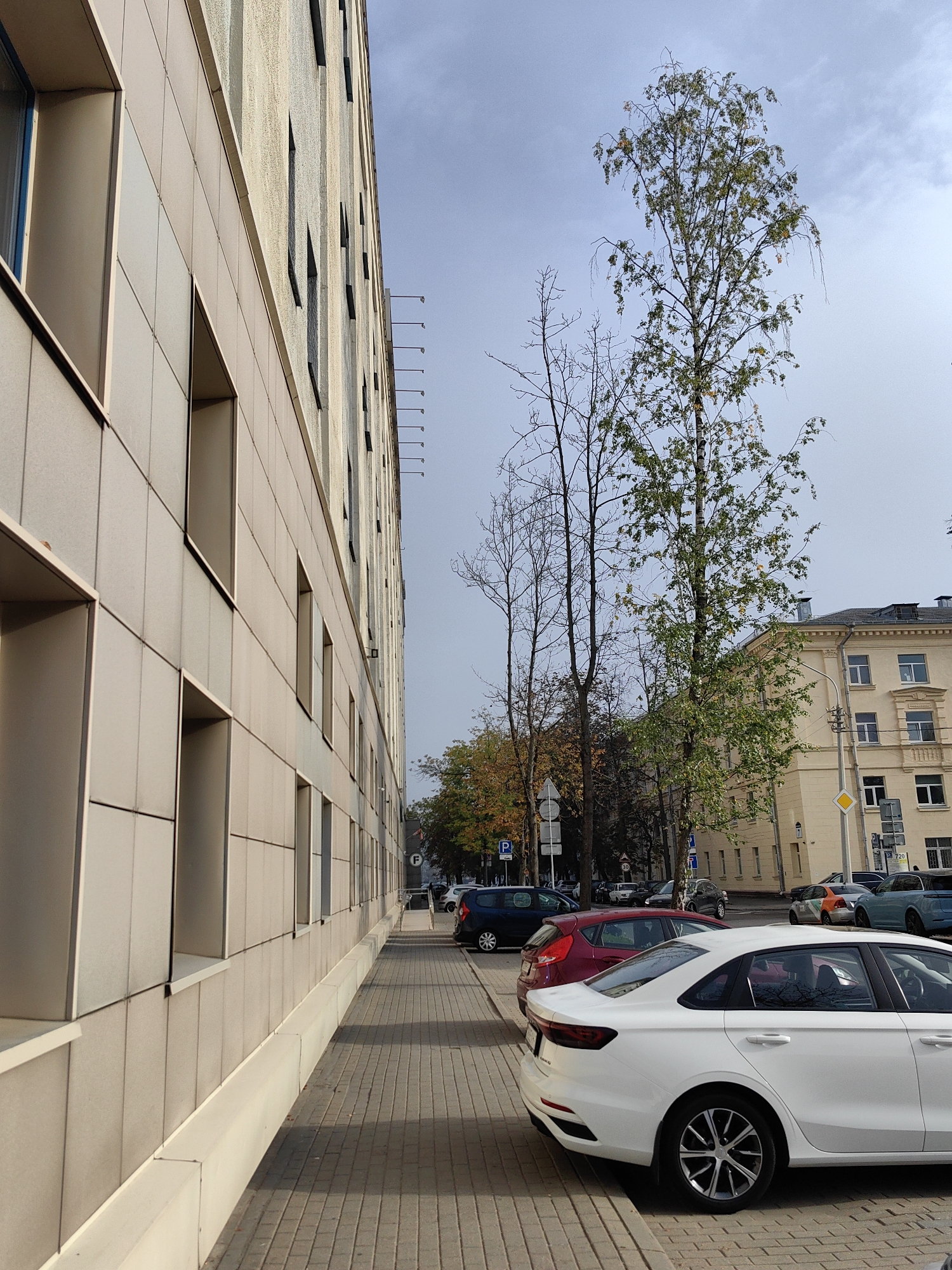 The image shows a street scene in Minsk, Belarus. On the left is a modern building with a beige facade and rectangular windows. A sidewalk paved with gray bricks runs along the building. Several cars are parked along the street. In the foreground, a white sedan is parked. Further down the street, there are other vehicles, including a red hatchback and a dark blue sedan. Trees with green and yellow leaves line the street, suggesting it is autumn. In the background, another building with a light yellow facade and windows is visible. The sky is overcast with some clouds. A street sign with a blue "P" indicates parking. Another sign with a yellow diamond shape is also visible. There are no people or animals visible in the image.