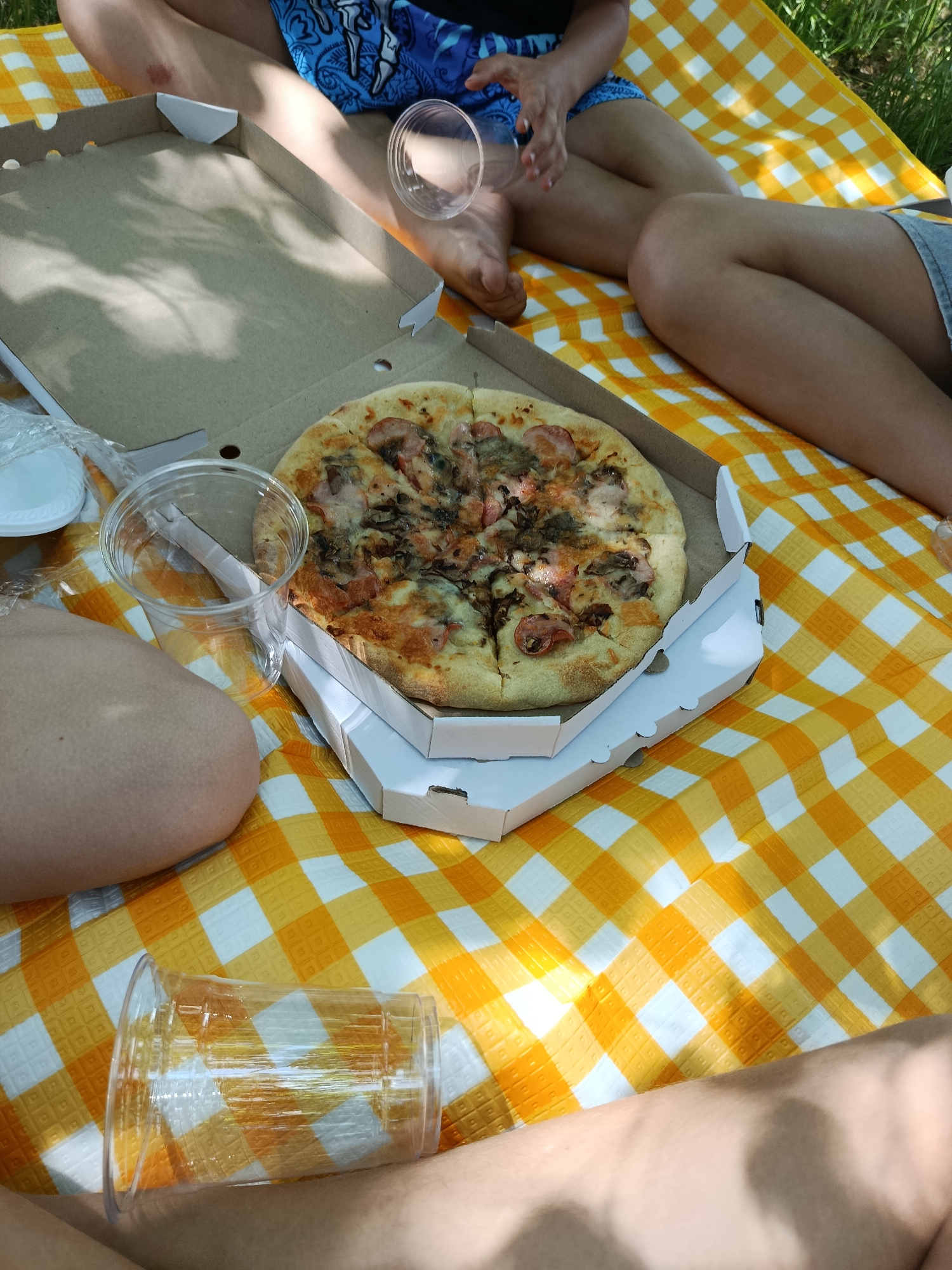 An elevated perspective captures a picnic scene unfolding on a yellow and white checkered blanket in an outdoor setting in Unknown, Unknown. At the center, a round pizza, approximately half-eaten and sliced into eight pieces, rests within an open brown and white cardboard box. The pizza is topped with what appears to be ham or sausage, mushrooms, and melted cheese. At least four individuals are present, identified by visible body parts. In the upper left, a person's lower torso and legs are visible, clad in blue patterned shorts; a red abrasion is distinctly visible on their left knee. Their hand is reaching towards an upright clear plastic cup. In the upper right, the bare legs of another individual, possibly wearing light-colored shorts, are extended. The lower torso and upper thigh of a third person are visible on the bottom left. The lower leg and calf of a fourth person are visible on the bottom right. Four clear, disposable plastic cups are in various positions: one upright near the person in blue shorts, another upright next to the pizza box, one lying on its side in the bottom right, and a fourth partially visible under a clear plastic bag containing several white plastic lids on the left. Dappled sunlight casts irregular shadows across the textured checkered blanket, and green grass is visible along the top right edge of the frame.
