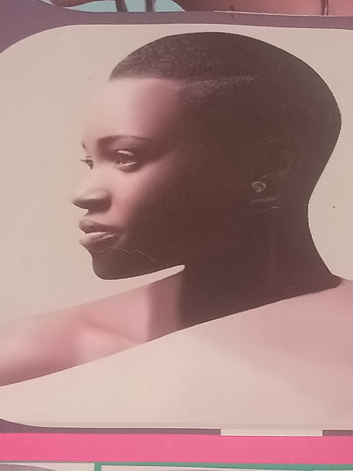 The media file is a close-up photograph of a Black individual with a very short haircut, seen in profile facing left. The subject's face is predominantly in shadow, with the light source seemingly coming from the right. The skin tone is dark. We can see the shape of the nose, lips, and chin, as well as the eye. There is a faint suggestion of shoulders and upper chest.
The background is a plain, light-colored surface, possibly a wall or backdrop, with a subtle gradient. Above the subject's head, a curved, darker shape is visible, hinting at an abstract design or framing element. At the bottom of the image, there are horizontal bands of color: a bright pink band above a thin green line.
There are no overt signs of a specific activity or event, suggesting a posed portrait or a still shot. The lighting and shadows create a dramatic effect, but no specific time of day or weather conditions can be inferred. The location context provided is Jalingo, Nigeria, but there are no visual cues within the image to confirm this specific location.
A small, faint circular mark is visible on the subject's head/neck area, and a few other very subtle marks or scuffs on the dark surface of the head. A tiny white speck is also visible on the right side of the head. No visible text is present in the photograph.