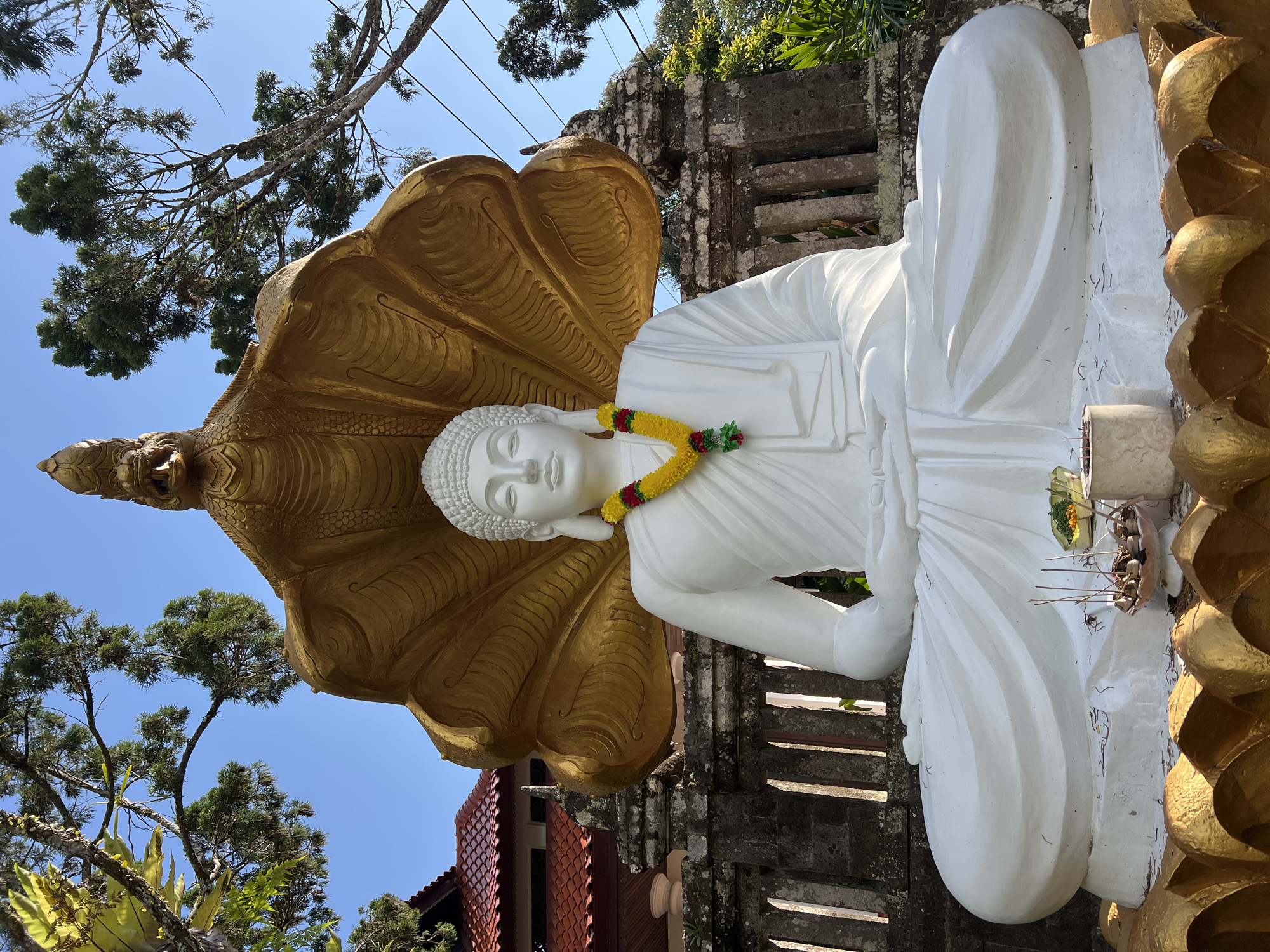 A seated white Buddha statue is centrally positioned in the image, adorned with a yellow and green garland. The statue is sheltered by a large, ornate golden naga head and hood, designed with intricate scales and a fierce expression. In front of the statue, a small offering bowl contains incense sticks and what appears to be flowers or leaves. The background reveals a traditional Indonesian building with a red tiled roof, stone walls, and lush green foliage under a clear blue sky. The setting is outdoors, suggesting a temple or religious site.