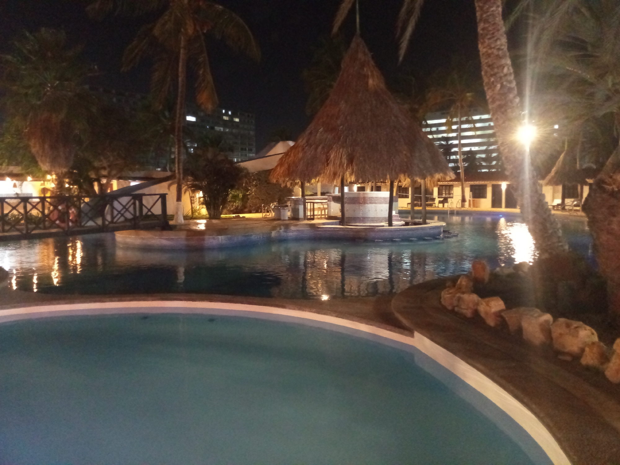A nighttime view shows an outdoor swimming pool area in what appears to be a resort or hotel setting. The pool has a rounded edge in the foreground and irregular shapes with tiled borders. In the center of the pool complex, there is a thatched-roof bar structure. Palm trees are scattered throughout the area, and a multi-story building is visible in the background. The scene is illuminated by artificial lighting, which reflects on the water's surface. The location is likely in Porlamar, Venezuela.