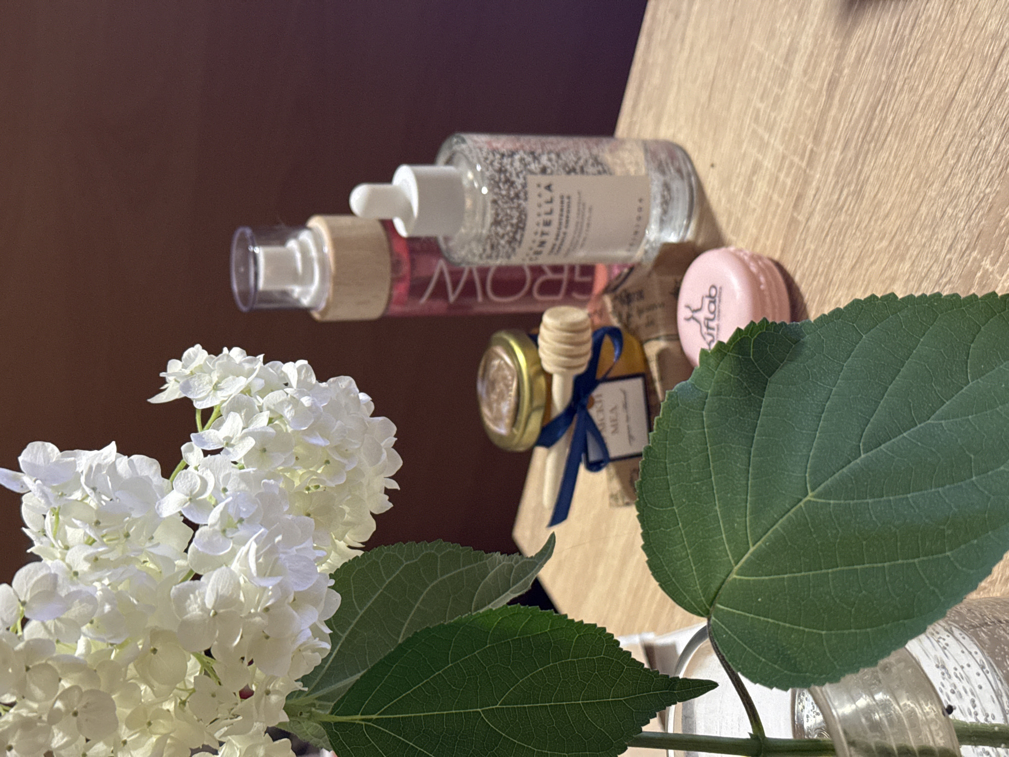 The image displays a still life arrangement of skincare products and flowers on a wooden surface. The subjects include two clear bottles with white pump dispensers, one containing a clear liquid with suspended particles and the other a pink liquid. A small, pink circular container with a logo is also visible. In the foreground, a cluster of white hydrangeas and large green leaves are prominent. A small wooden honey dipper with a blue ribbon and a label is positioned among the bottles.
The scene appears to be indoors, likely on a table or shelf, with a dark background. The lighting suggests daytime, with soft shadows indicating natural or soft artificial light. The overall mood is serene and evokes a sense of self-care or beauty. There are no people present.
Visible text on the clear bottle reads "CENTRella". The pink container has a logo that appears to say "fylab". The label on the honey dipper is partially visible and includes the words "HONEY MEA". The pink liquid bottle has the word "GROW" printed on it. The context provided is Sofia, Bulgaria.
