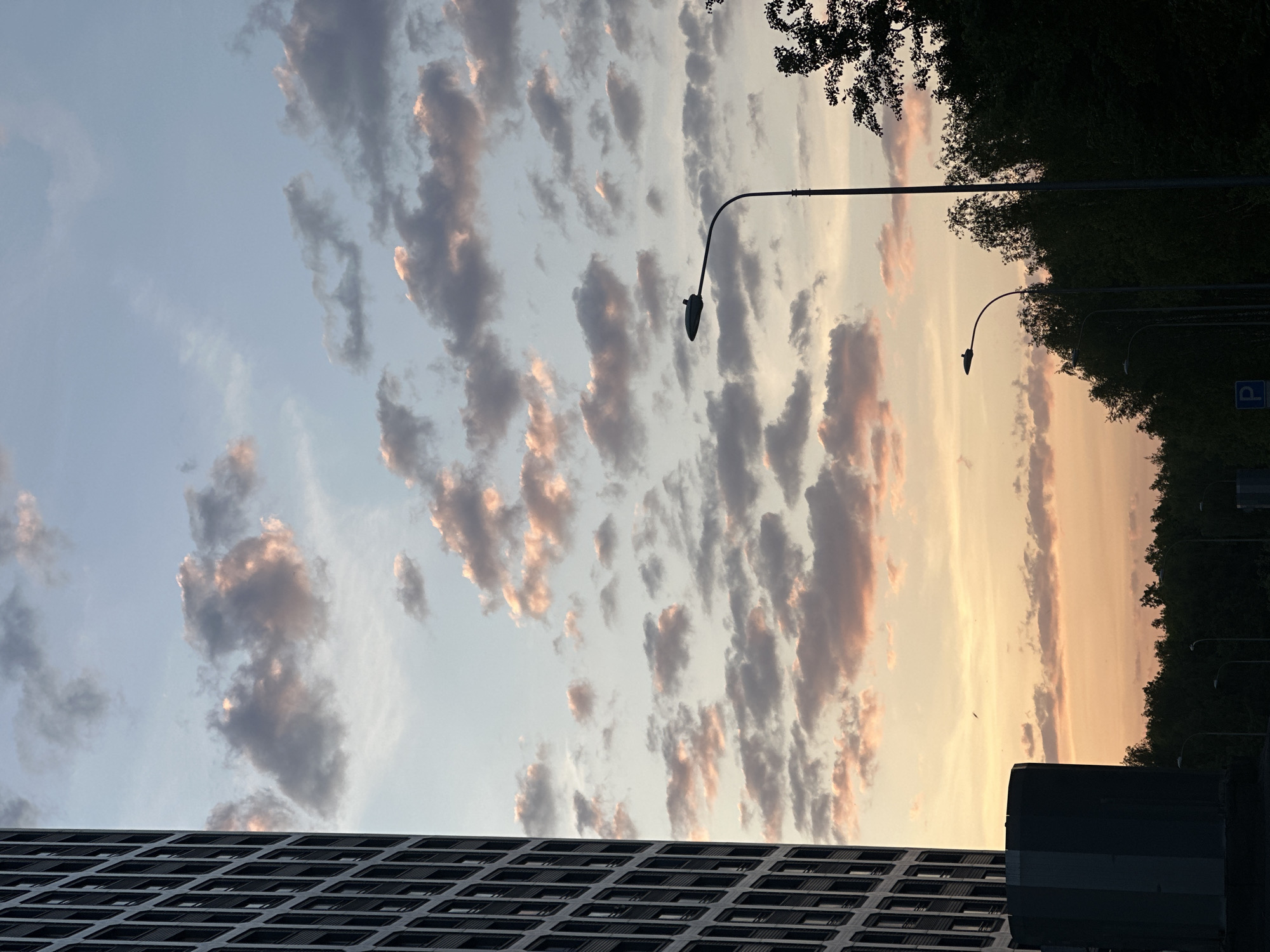 The image shows a sky with clouds at sunset. The clouds are colored with shades of gray and pink. Streetlights are visible, along with trees lining a street. A multi-story building is visible in the lower portion of the image. A parking sign is visible near the trees.