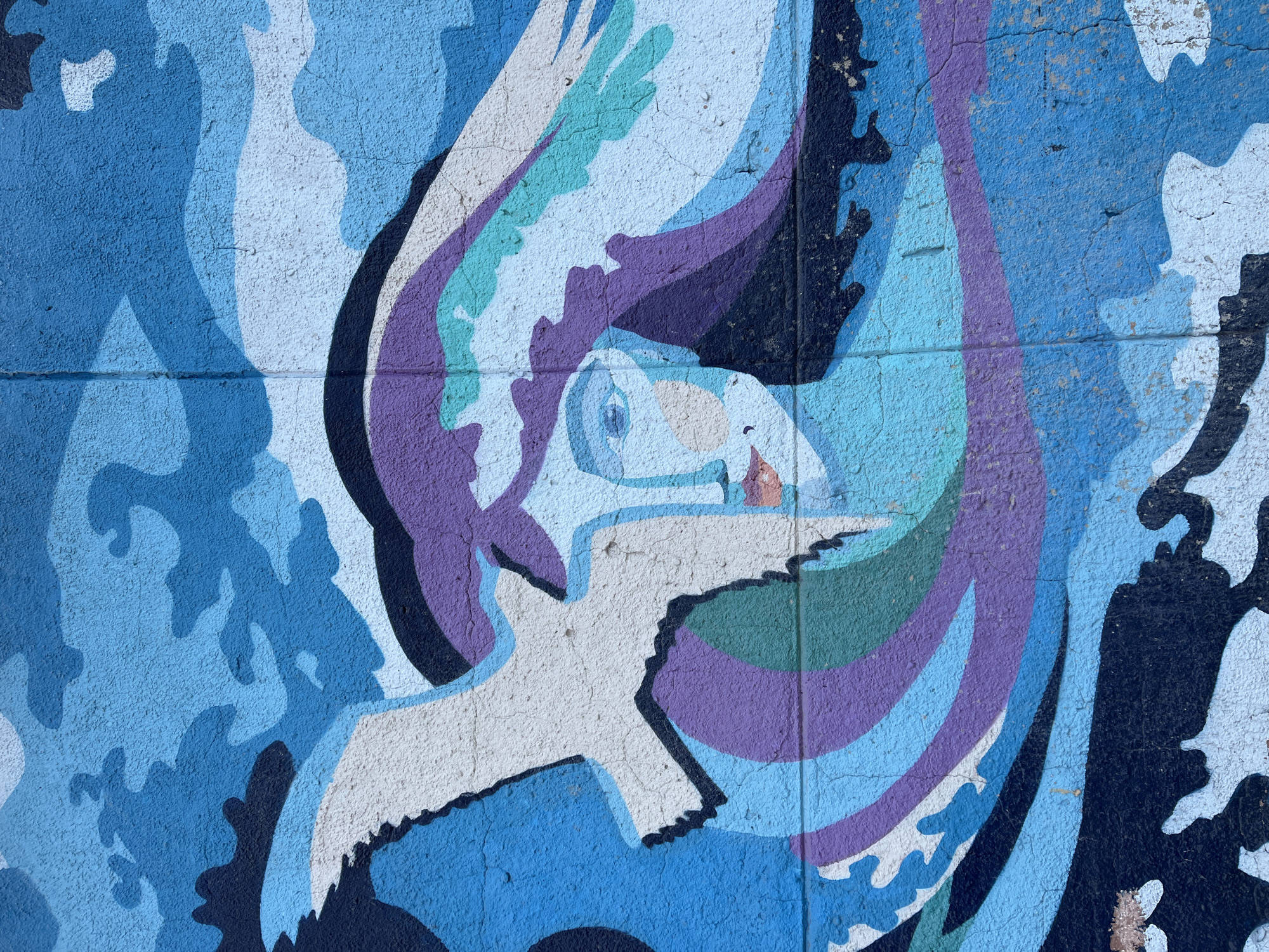 This image presents a vibrant section of an outdoor mural painted on a textured concrete or stucco wall in Krasnoyarsk, Russia. The central subject is a stylized white bird, possibly a dove or seagull, depicted in mid-flight with broad, outstretched wings. Its head, featuring a light blue eye and a small orange beak, is oriented towards the left.
The bird is enveloped by a dynamic array of abstract, wavy, and swirling shapes rendered in a rich palette of blues, purples, and teal. These flowing forms suggest motion, possibly representing water, clouds, or air currents, creating a fluid and energetic backdrop for the avian figure. Various shades of blue, ranging from deep navy to light sky blue, dominate the left side of the composition, conveying a sense of depth and movement.
Notable details include the rough, granular texture of the wall, which is visible beneath and through the paint. Several fine cracks are apparent, indicating the mural's exposure to the elements and adding to its character. The paint exhibits some signs of wear or fading in places. The graphic style of the mural, characterized by its clean outlines and bold color blocks, evokes a sense of peace and freedom. No text is visible in the image. The overall impression is one of a colorful and expressive piece of public art.