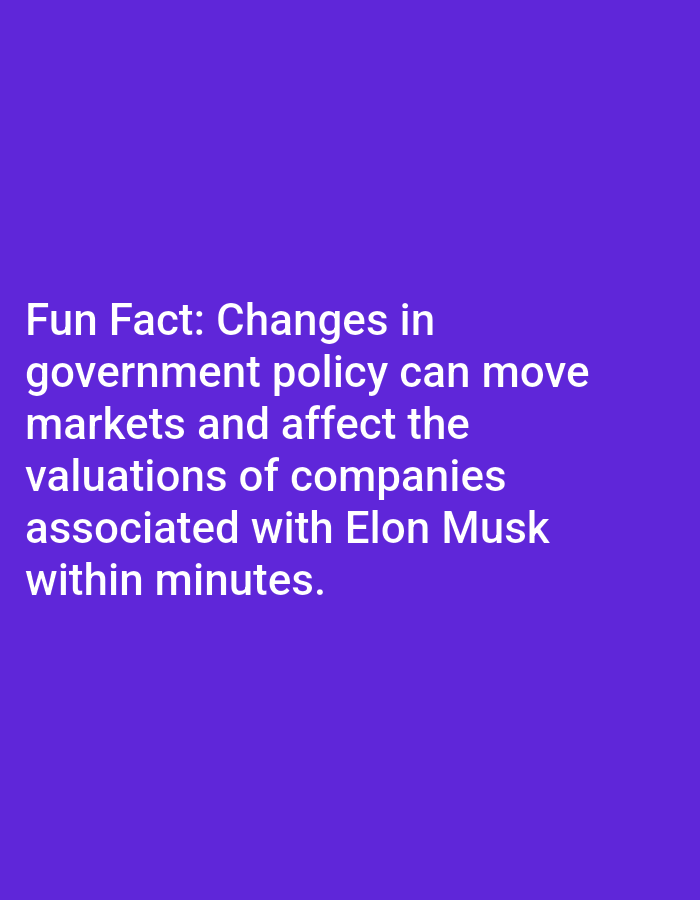 The image displays white text on a solid purple background. The text reads: "Fun Fact: Changes in government policy can move markets and affect the valuations of companies associated with Elon Musk within minutes." There is no discernible location in the city of Lagos, Nigeria, or any people, subjects, or objects depicted in the image. The scene is entirely digital text on a colored background.