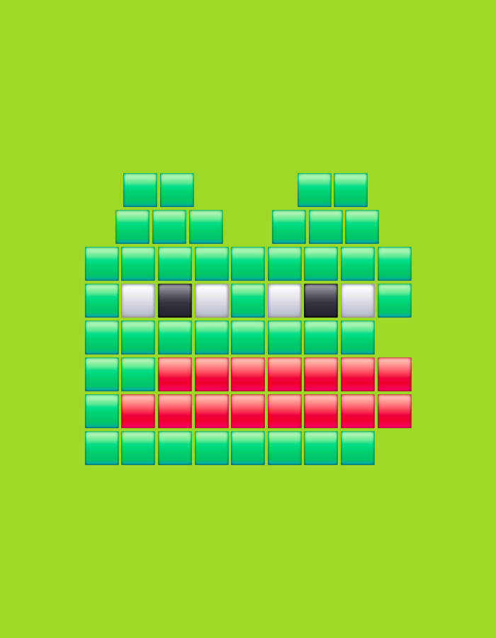 A pixelated, 8-bit style image of a frog's face is centered on a lime green background. The frog's head is formed by green square pixels arranged in a tiered, rounded shape. Its eyes are represented by two black square pixels flanked by white square pixels, giving them a cross-eyed appearance. The frog's mouth is a wide, open grin formed by a row of red square pixels. The overall image has a playful, retro video game aesthetic. There is no discernible location in Natal'ino, Russia.