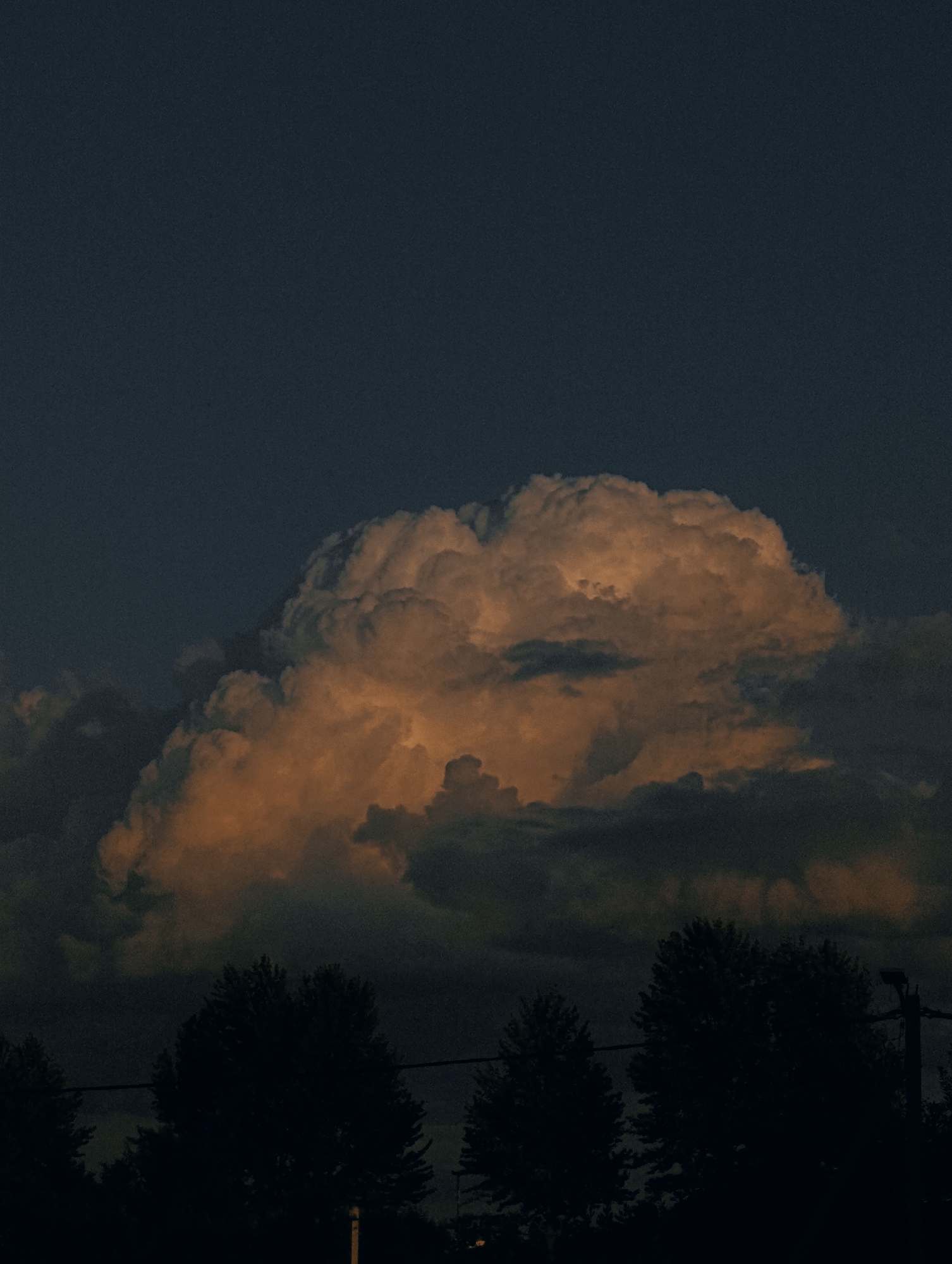 The image depicts a dramatic sky scene dominated by a large, textured cloud illuminated by warm, golden light, possibly from the setting sun. The cloud appears voluminous and sits against a dark, almost twilight sky. Below the sky, the silhouettes of several trees form a dark, jagged line across the bottom of the frame. The overall mood is serene and somewhat awe-inspiring, with the contrast between the brightly lit cloud and the darkened landscape creating a sense of depth and atmosphere. The scene appears to be outdoors, with no people or man-made objects prominently visible, except for a faint suggestion of utility poles and wires. The time of day is likely late afternoon or early evening, given the lighting on the clouds.