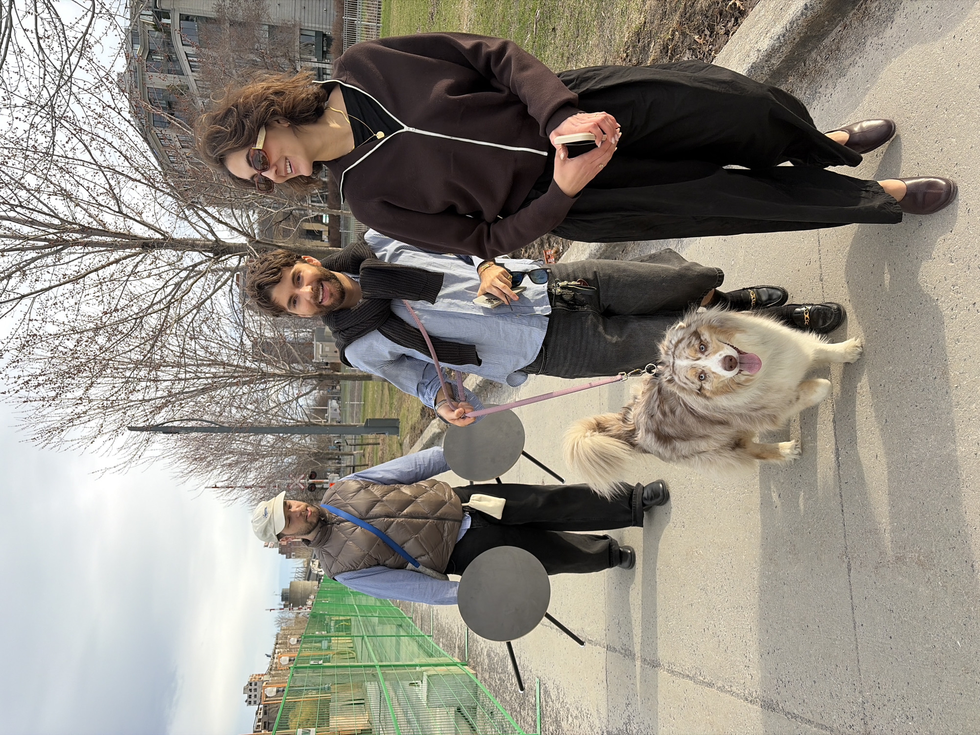 The image depicts three people and a dog on a sunny day, seemingly in a park or public space in Montreal, Canada.
The individuals are of different ages. The first person, presumably female, is wearing a dark brown jacket with a white zipper, dark pants, and sunglasses. She is holding a phone. The second person, presumably male, is wearing a light blue pinstripe shirt, black pants, and black shoes. He has a black sweater draped around his neck and is holding a dog leash. The dog is a medium-sized Australian Shepherd with a multi-colored coat. The third person, also presumably male, is wearing a tan vest over a light blue shirt, black pants, and a baseball cap. He is carrying two small, round tables with a single leg.
The location is suggested by the green fence, buildings in the background, and tree species which are common to Montreal, Canada. The ground is paved. There is greenery and trees in the background.