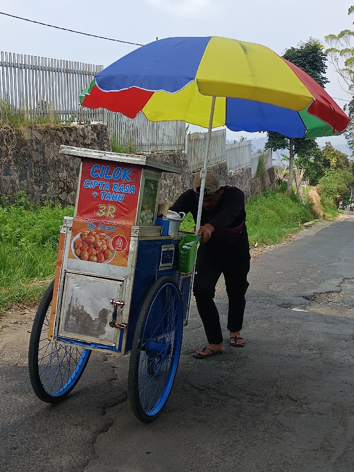 A male street vendor is depicted pushing a mobile food cart on an asphalt roadside in Sukatani, Indonesia. The vendor wears a beige baseball cap, dark long-sleeved shirt, dark pants, and dark flip-flops, with a dark fanny pack around his waist. He is positioned behind the cart, leaning forward with both hands on its frame, suggesting movement or a pause during transit.
The cart is predominantly blue and white with silver accents, featuring two visible blue-rimmed spoked wheels. A large, multicolored market umbrella with red, yellow, blue, and green panels extends upwards from the cart, providing shade. The cart's front displays signage: a red banner reads "CILOK CIPTA RASA + TAHU" and "3R", while a lower banner shows an image of cilok with "Kp. Pacet" and a "HALAL" logo. A transparent display case on the cart's top holds white spherical food items. A metal pot and a green plastic basket are also on the cart's surface.
The immediate environment consists of a worn asphalt road with visible cracks and potholes. To the left, a grassy verge precedes a stone retaining wall topped with a light-colored vertical slatted fence. To the right, green vegetation and trees line the roadside, extending towards distant hills or elevated terrain under an overcast sky.