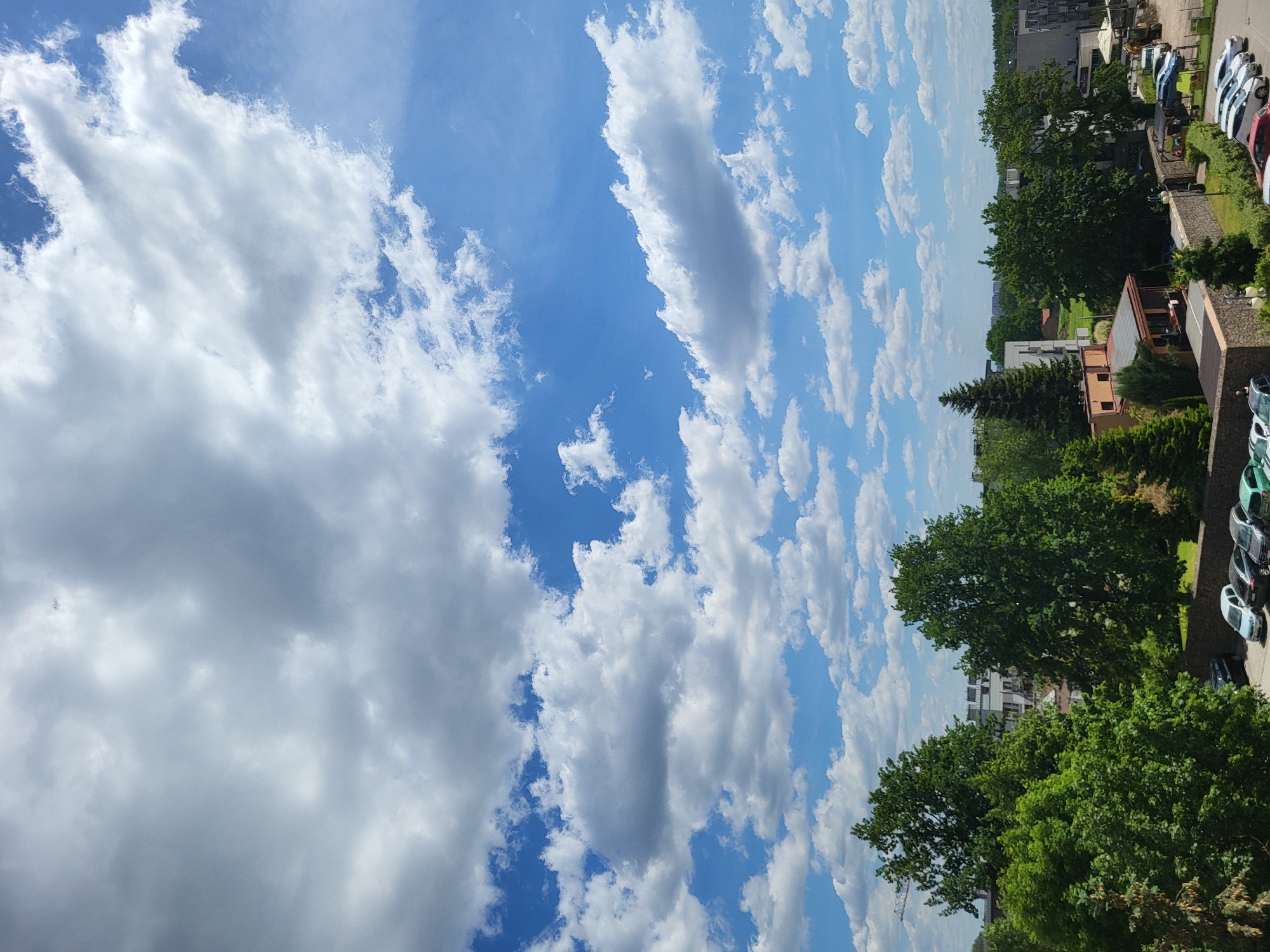 The image shows a view of a city landscape from a high vantage point. The sky, predominantly blue, is filled with numerous white, fluffy clouds. The foreground and middle ground of the scene contain lush green trees, interspersed with buildings and residential areas. A row of parked cars is visible along the edge of the frame. The overall scene depicts a typical urban environment on a bright, sunny day.