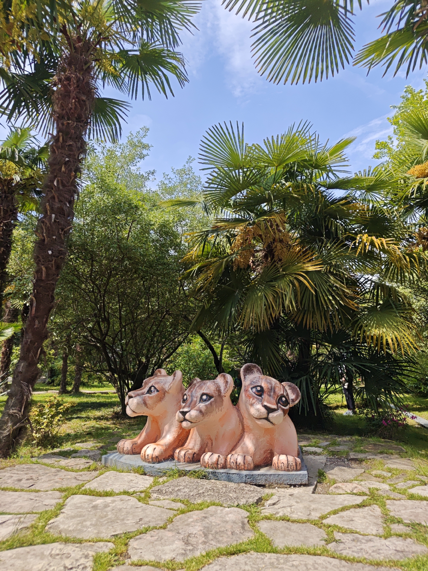 Three lion cub statues sit on a stone base in a park setting. The statues are painted in shades of pink and brown, with detailed facial features. The park is filled with palm trees, other trees, and green grass. The ground is covered with stone pavers with grass growing between them. The sky is blue with light clouds. The location is the city of Sochi, Russia.