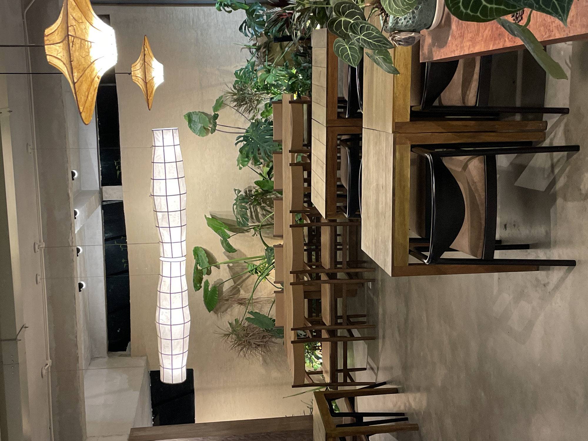 The image depicts the interior of a dimly lit restaurant in Da Lat, Vietnam. The scene is dominated by rows of wooden tables and chairs, arranged on a polished concrete floor. Lush green plants, including large-leafed tropical varieties, are strategically placed throughout the dining area, creating a natural and serene ambiance. Overhead, a long, rectangular white lantern with a grid pattern hangs suspended, along with two conical-shaped lamps with a natural, fibrous texture, casting a warm glow. The walls are a neutral, earthy tone, and a band of dark material runs along the upper portion of the walls. The overall impression is one of a modern, nature-inspired dining space.