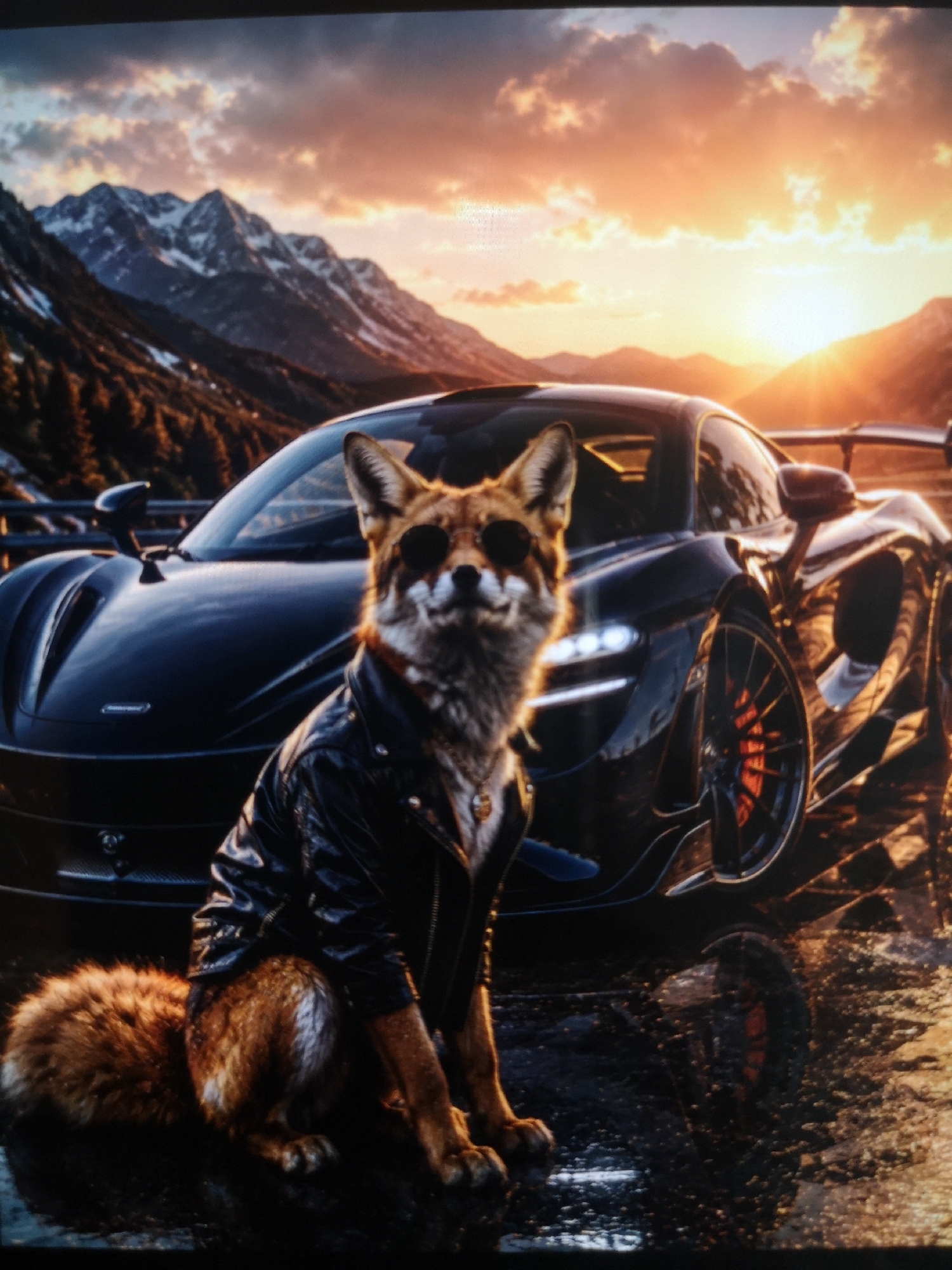A digitally altered image depicts a fox wearing a black leather jacket, sitting in front of a black McLaren sports car. Mountains are visible in the background with a sunset. The location appears to be a wet, possibly paved surface. No city or specific geographical details are discernible to identify the location beyond "mountains" and "sunset". There are no other people or subjects visible beyond the fox and implication of the vehicle's owner. The fox appears to be posing.