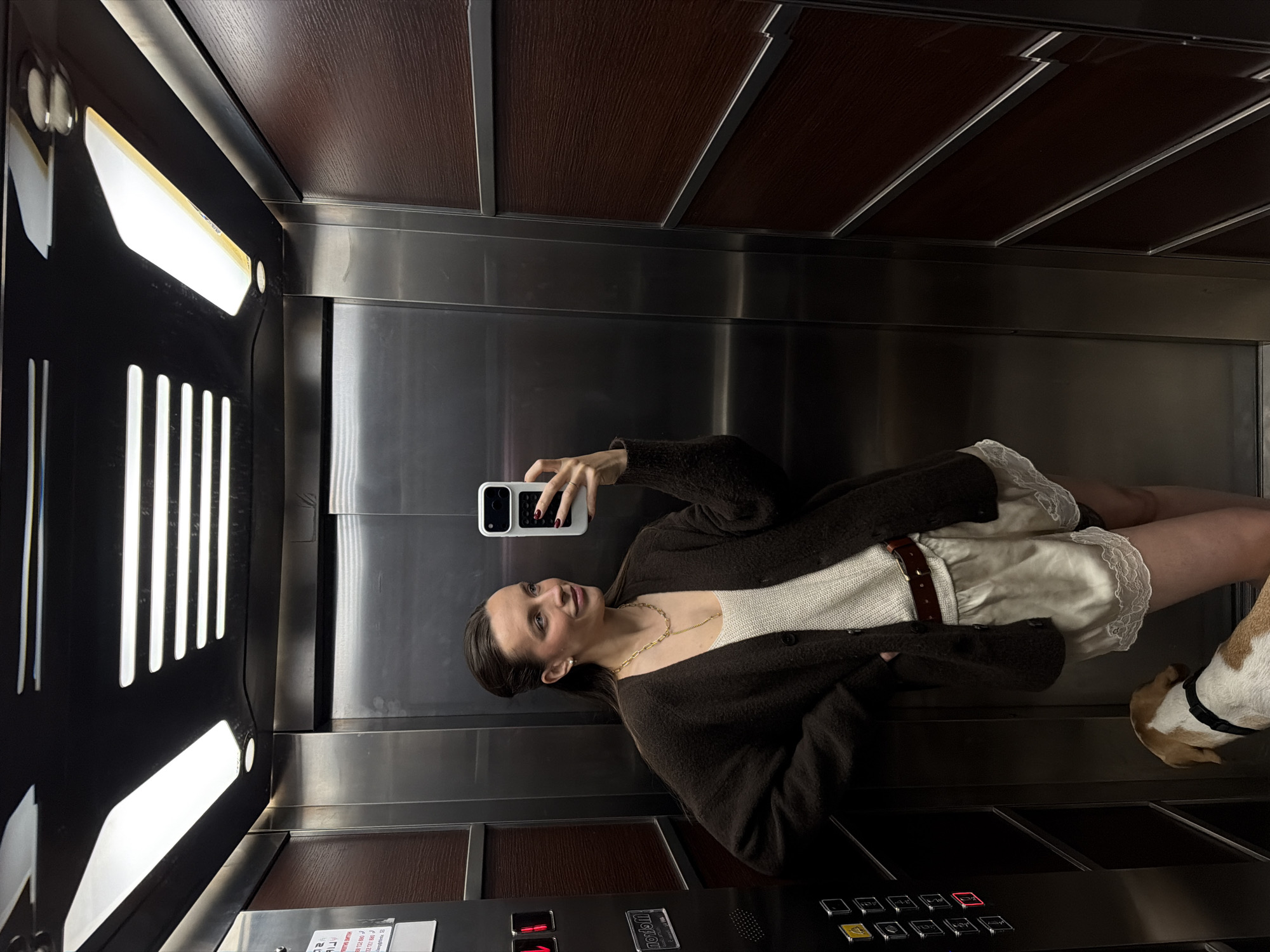 A female stands in an elevator, using a phone to take a photo of herself. She wears a brown cardigan over a light-colored top, a light-colored skirt with lace trim, and a brown belt. A gold necklace is visible around her neck. The elevator has wood paneling at the top and stainless steel panels at the sides. Elevator buttons are visible at the bottom. A dog's head is partially visible at the lower right. The location is uncertain and cannot be identified as Budva, Montenegro based on the image.