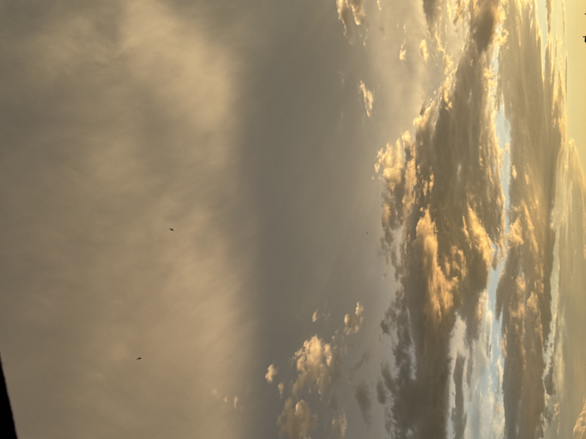 The image shows a sky with clouds. Some clouds are illuminated with a golden hue, possibly from the setting sun. The general tone is a blend of grey and golden colors. The perspective is looking upwards at the sky. The location is likely Varna, Bulgaria, as specified in the prompt, although no specific landmarks or contextual features are visible to confirm this. There are two small objects in the sky that are possibly birds or planes, though this is unclear due to the image quality and distance.