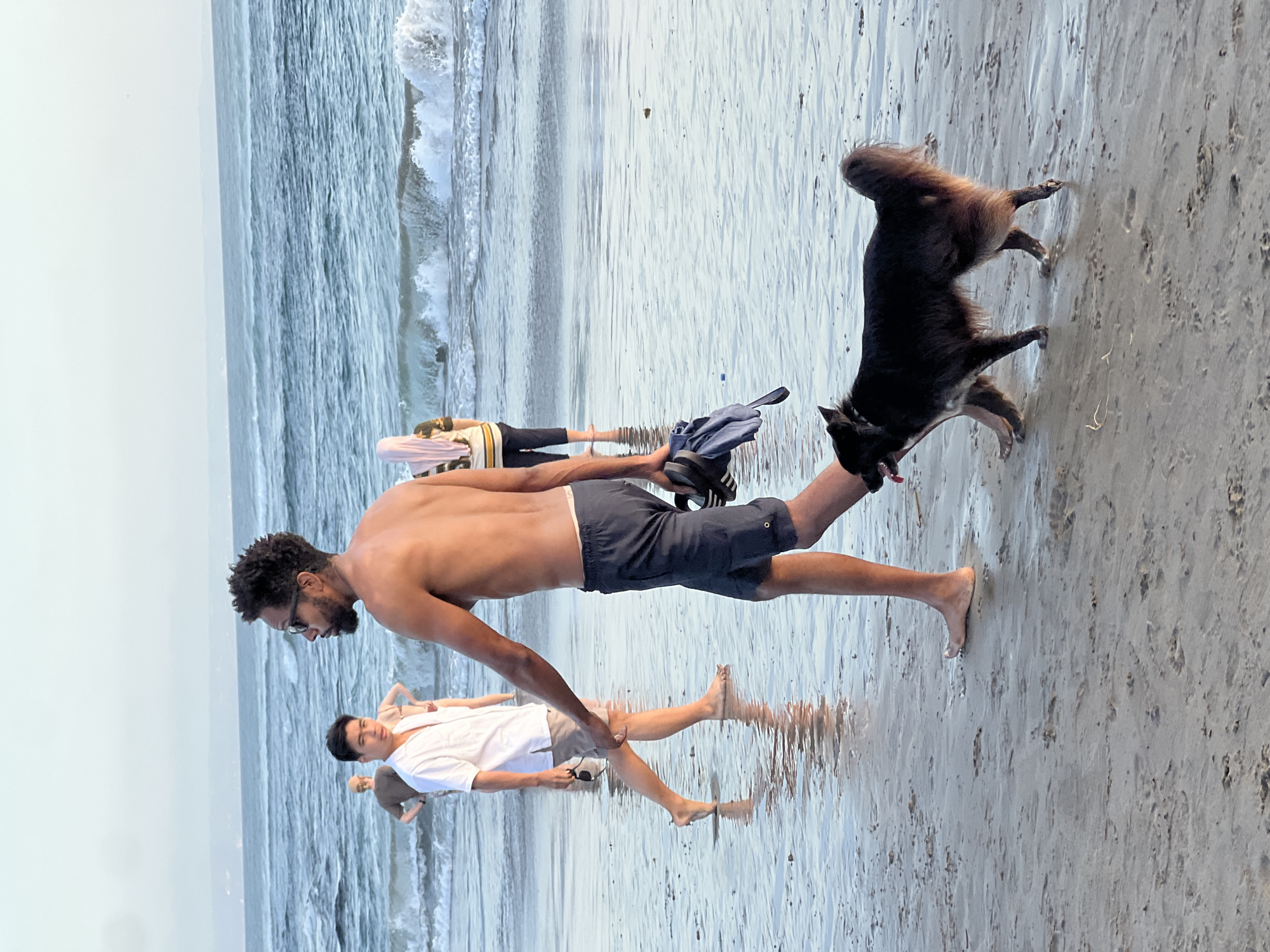 This is a medium-shot, eye-level photograph taken at the beach in North Kuta, Indonesia. The foreground features a barefoot Black man in his 30s, wearing dark gray swim trunks and holding a pair of flip-flops and a folded blue cloth in his left hand. He is walking to the right, facing slightly towards the right with his head turned to the side, looking at his black and brown mixed-breed dog. The dog, also walking to the right, is slightly ahead of the man and is looking back towards him. The dog has a fluffy tail and appears to have lighter brown fur on its legs and tail.
In the mid-ground, to the left of the Black man, a young Asian man in his early 20s is walking to the left. He is wearing a white short-sleeved collared shirt and light beige shorts, and holding sunglasses in his right hand. Behind him, further in the mid-ground and slightly to the left, a person in a light brown shirt is visible from the back, wading in the shallow water. To the right of the Black man, a person wearing a light pink hijab and a striped shirt is standing in the water.
The environment is a beach with wet sand and shallow water. The ocean stretches to the horizon with gentle waves. The sky is clear and bright. The water reflects the light, creating a shimmering effect on the beach. The overall scene depicts a casual beach outing with people and a dog enjoying the seaside.