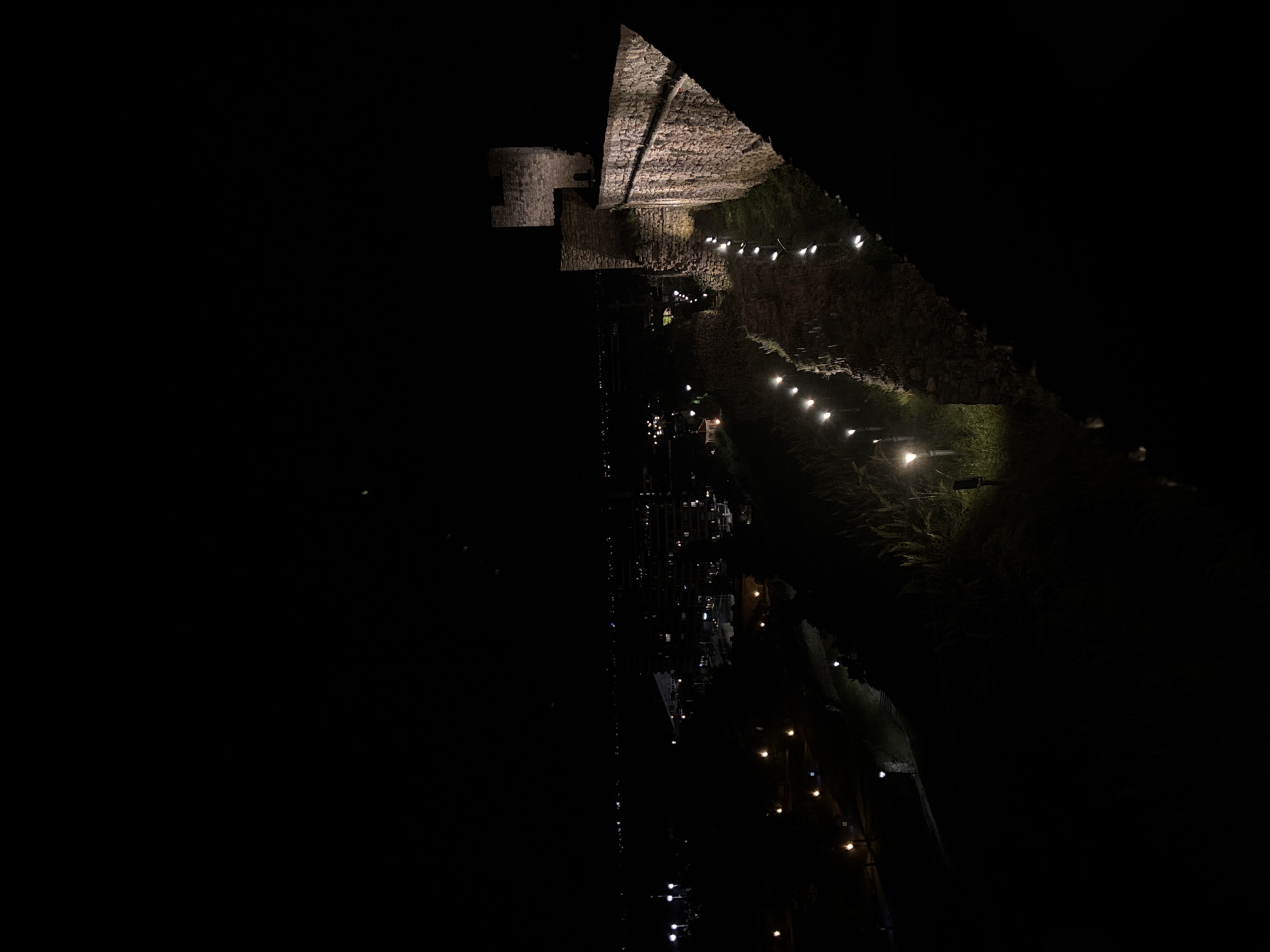 The image depicts a nighttime view of the Belgrade Fortress in Belgrade, Serbia. The fortress walls, constructed of stone, are illuminated by several evenly spaced string lights. Further down the image, street lights illuminate what appears to be a city street or road. To the left, the image is mainly dark, showing a night sky. The image is rotated 90 degrees.