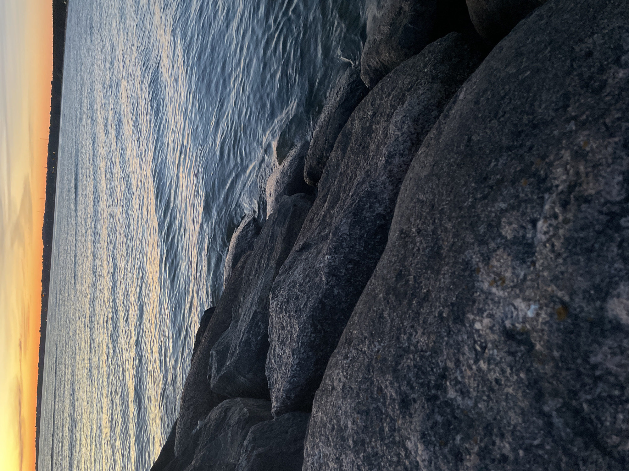 The image depicts a rocky shoreline with calm water reflecting an orange and yellow sunset. The foreground is dominated by large, dark, rough-textured rocks, some of which are partially submerged in the water. The water stretches out to a distant horizon where a silhouetted tree line and buildings are visible against the vibrant sunset sky. The scene is devoid of people and action, presenting a tranquil natural landscape. The location is not specified in the image, and therefore, cannot be identified as Tallinn, Estonia.